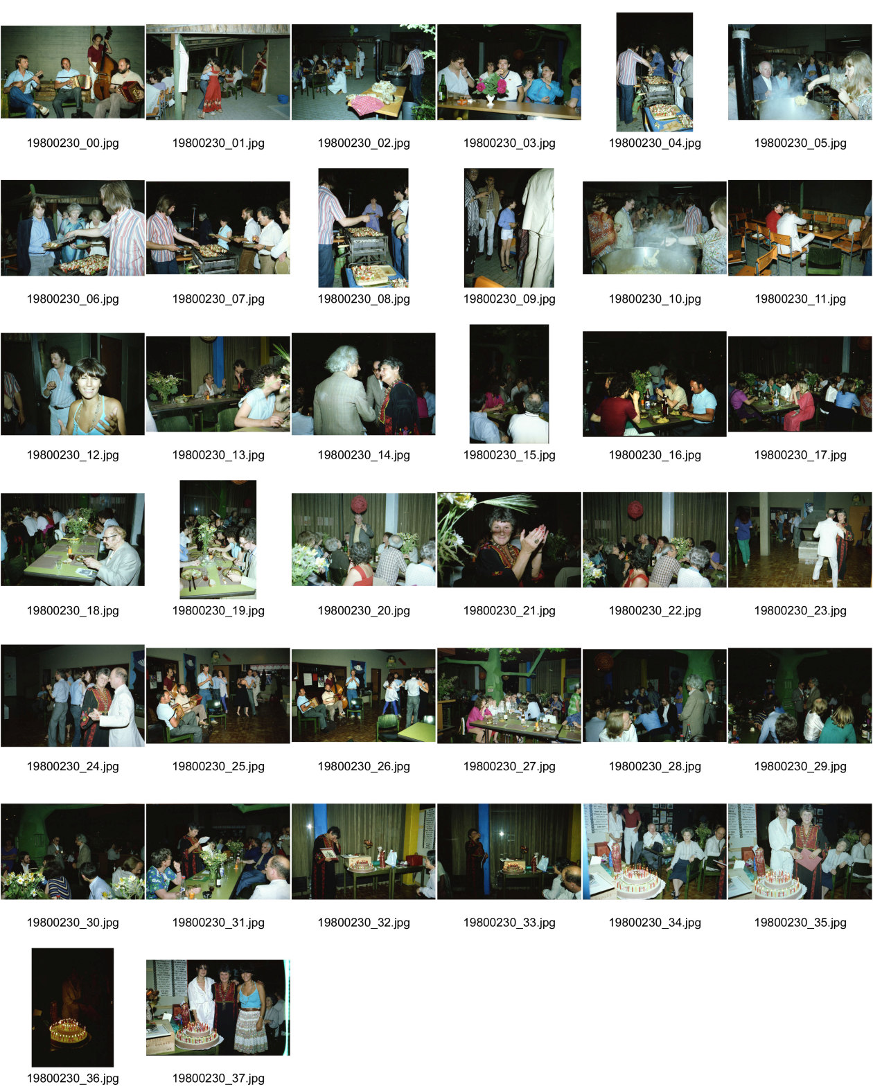 Image of sheet 19800230: Delia Heussler li Ruth Guggenheim  (60)  Heussler mi Olivia Heussler re
Geburtstagstorte mit Gästen Tanz Vital Hauser Theo Pinkus Roger Gaby Guggenheim Dani Guggenheim nr. 18 Werner Schläpfer spielt Echo vom Locherguet Lochergut 
Richard Lohse spricht nr. 20 Olivia nr. 20 Gemeinschaftszentrum Riesbach