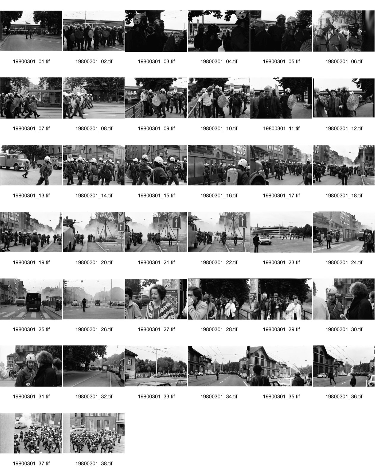 Image of sheet 19800301: Vor dem AJZ versammeln sich rund 200 Personen, um für die Einstellung der Strafverfahren zu demonstrieren. Der unbewilligte Demonstrationszug wird von der Polizei aufgelöst: Massive Auseinandersetzungen zwischen den Bewegten und der Polizei, die bis am Sonntagmorgen andauern. Mehr als hundert Personen werden verhaftet. In der folgenden Woche wird in den Medien über das polizeiliche Vorgehen heftig diskutiert.
Das Autonome Jugendzentrum wird ganz mit Tränengas eingeräuchert. Leute kriegen Panik und flüchten auf Dach des AJZ Nach einer Besammlung vor dem AJZ für Demo gegen Isolationshaft greifen Polizeigrenadiere die Leute mit Tränengas Einsatz an. Auch alte Menschen flüchten. Psychoanalytiker und Kunstmaler Fritz Morgenthaler. (Vater von Jan und Marc Morgenthaler ) flüchtet durch Tränengasnebel. Ein Mann versucht mit der Polizei zu verhandeln. 
Titelbild Film Top. UNICEF Wasserwerfer
Jugendbewegung Bewegig AJZ Zürcher Jugendunruhen Demonstrationen
Zürich youth movement protest 1980