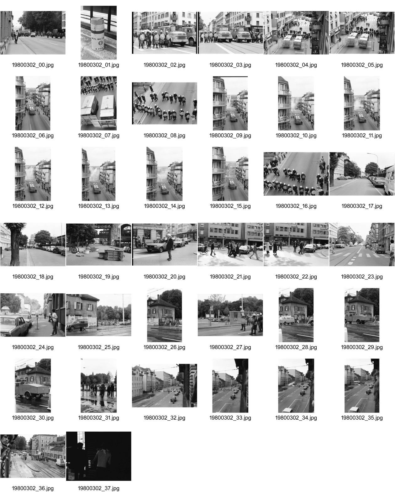 Image of sheet 19800302: Vor dem AJZ versammeln sich rund 200 Personen, um für die Einstellung der Strafverfahren zu demonstrieren. Der unbewilligte Demonstrationszug wird von der Polizei aufgelöst: Massive Auseinandersetzungen zwischen den Bewegten und der Polizei, die bis am Sonntagmorgen andauern. Mehr als hundert Personen werden verhaftet. In der folgenden Woche wird in den Medien über das polizeiliche Vorgehen heftig diskutiert.
Massiver Auftritt der Polizei mit ihren Fahrzeugen auf der Langstrasse und Limmatstrasse von einem Balkon aufgenommen. Weit und breit keine Demonstration aber Polizei. in Zweier-Reihe mit Korb Schilder und Helmen. Wasserwerfer im Einsatz am Limmatplatz Barrikade unter Eisenbahnbrücke des Viadukt Bus VBZ steht. Tränengas Patrone.

Jugendbewegung Bewegig AJZ Zürcher Jugendunruhen Demonstrationen
Zürich youth movement protest 1980
