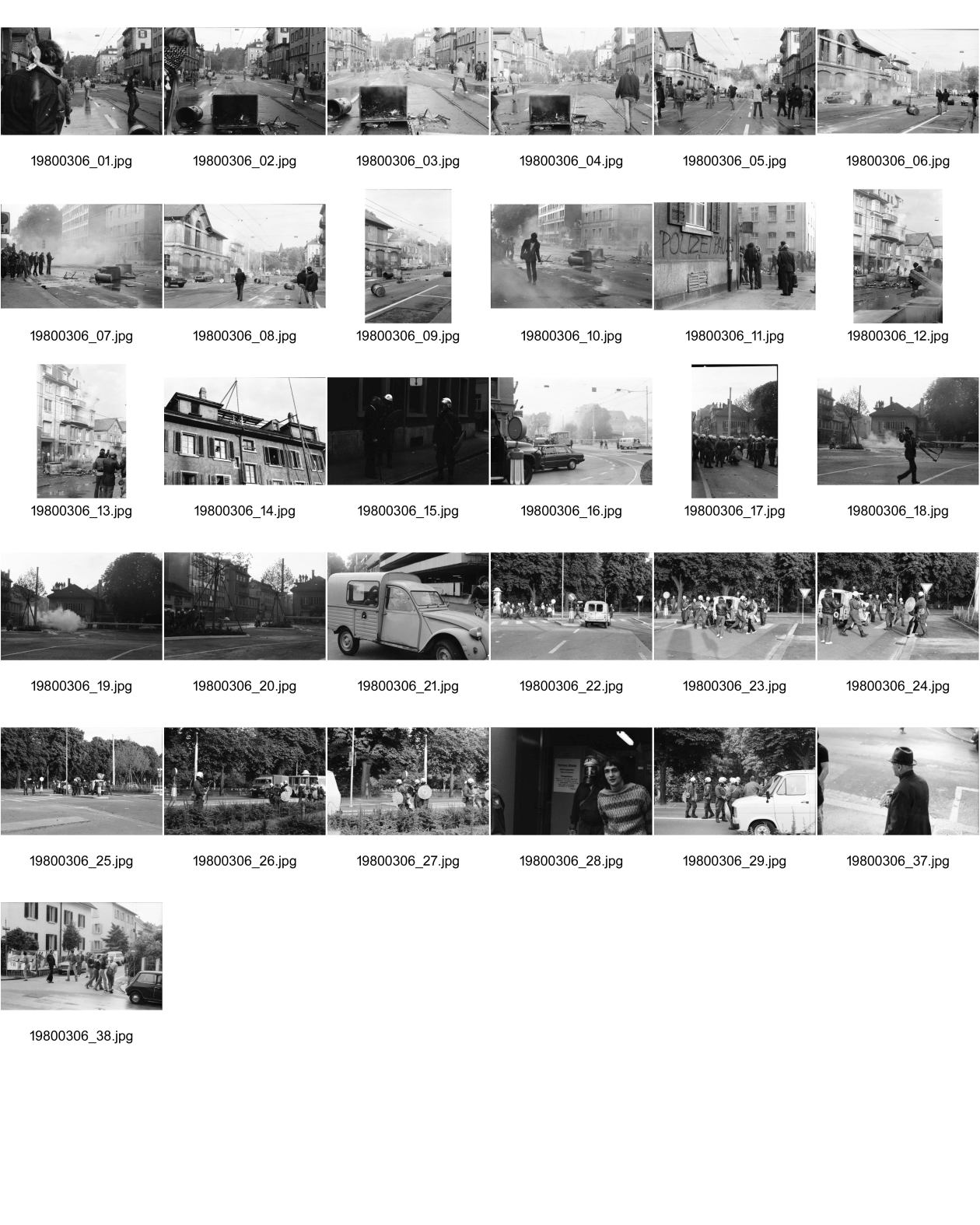 Image of sheet 19800306: Demonstration für die Einstellung aller Strafverfahren. Zwölf Stunden Krawall  124 Verhaftungen Die Limmatstrasse 18-20 vor dem AJZ gleicht einem Schlachtfeld. Barrikaden. Rauch. Container liegen am Boden. Christian Vaterlaus.(heute Networking) Polizei greift Sanität Auto Deux Chevaux an, die Verletzte wegfahren, reissen Verwundete aus dem Auto und verhaften sie. Kamera Mann Ackermann von SFDRS. Junger Mann wird verhaftet, wird später Junkie und Patient von unserer Praxis am Limmatplatz. Angriff Polizei auf Gruppe auf Mühlesteg beim Platzspitz. Brücke über die Sihl. Junger schützt sich mit seinem aufgespannten Regenschirm. Wird von Polizei heftig zusammengeprügelt. Ich bin Zeugin am Prozess gegen ihn und erzähle über das friedliche Verhalten des Typs, der später 3 Monate bedingt Gefängnis kriegt. Meine Bilder (laut Staatsanwalt Bärtschi vor den Geschworenen) seien kein Beweis. Der Rand des Negativs sei nicht zu sehen!
Jugendbewegung Bewegig AJZ Zürcher Jugendunruhen Demonstrationen
Zürich youth movement protest 1980
