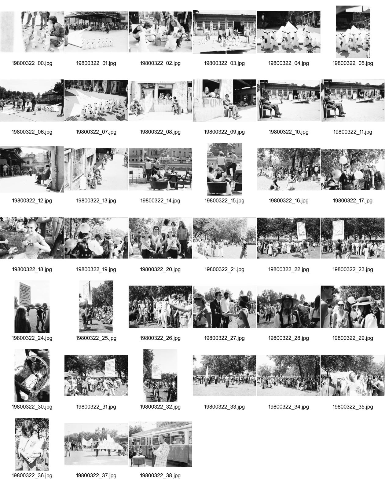 Image of sheet 19800322: Im AJZ starten die Vorbereitungen für ein 1. August Nationalfeiertag auf dem Sechseläuten Platz vor dem Opernhaus Opera, mit anschliessender Unzufriedenen Demo. Die kleinen Sprite Werbe Bärchen dienen als Eisbären. Symbol, für das kalte Klima in der Stadt. Jedes trägt eine Bombe. Mit Zündschnur. Der Eisberg aus Styropor wird auch mitgetragen. Während dem verirrt sich ein Bürger Rentner im AJZ und macht dort ein Nickerchen. Die Leute sitzen in der Sonne. Ballone. Gruppenbild von drei PatriotInnen. Josy, Annemarie Meier und x. Die Turnverein Kollegen tragen Bänder und Dächlikappen.
re aussen Fredi Meier
Chläusel (gest. 2012)

Jugendbewegung Bewegig AJZ Zürcher Jugendunruhen Demonstrationen
Zürich youth movement protest 1980