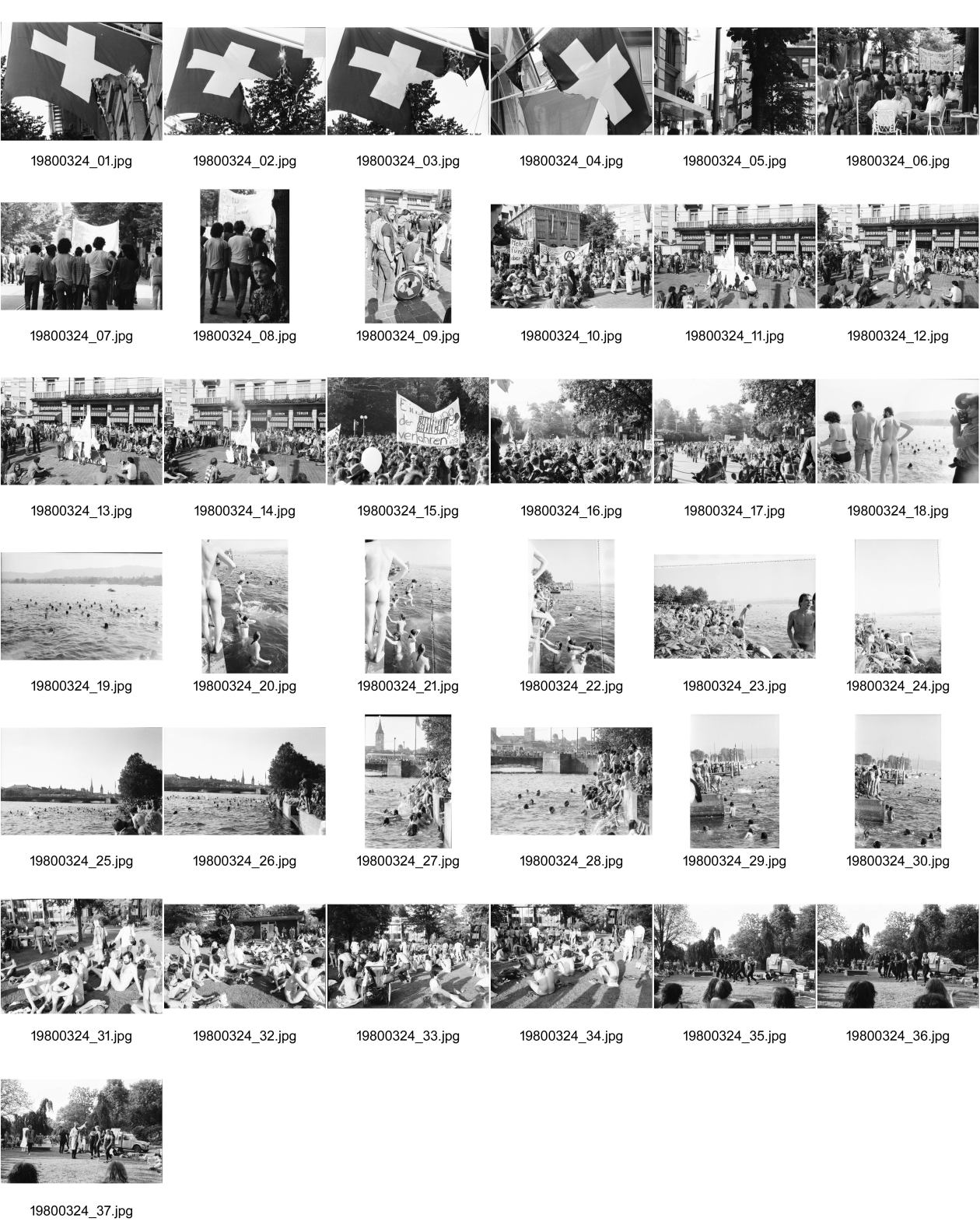 Image of sheet 19800324: Das Thema «Einstellung der Strafverfahren» wird von neuem aufgegriffen: Grossdemonstration mit rund 4000 Personen am Nationalfeiertag

Schweizerfahne brennt am Bellevue. Packeis brennt am Paradeplatz und Bahnhofstrasse  Bevölkerung und Gaffer. Nacktbaden am Uto Quai im Hintergrund Fraumünster und Quaibrücke See. Aperitiv Hotel Eden au Lac. Später Sonnenbaden nackt am Zürihorn. Olivia macht Kopfstand. Strassentheater mit Deux Chevaux Camionette
Jugendbewegung Bewegig AJZ Zürcher Jugendunruhen Demonstrationen
Demonstration am Nationalfeiertag 1. August 1980 am Paradeplatz und an der Bahnhofstrasse. Bevölkerung und Gaffer sitzen im Sprüngli Café.
Zürich protest youth movement