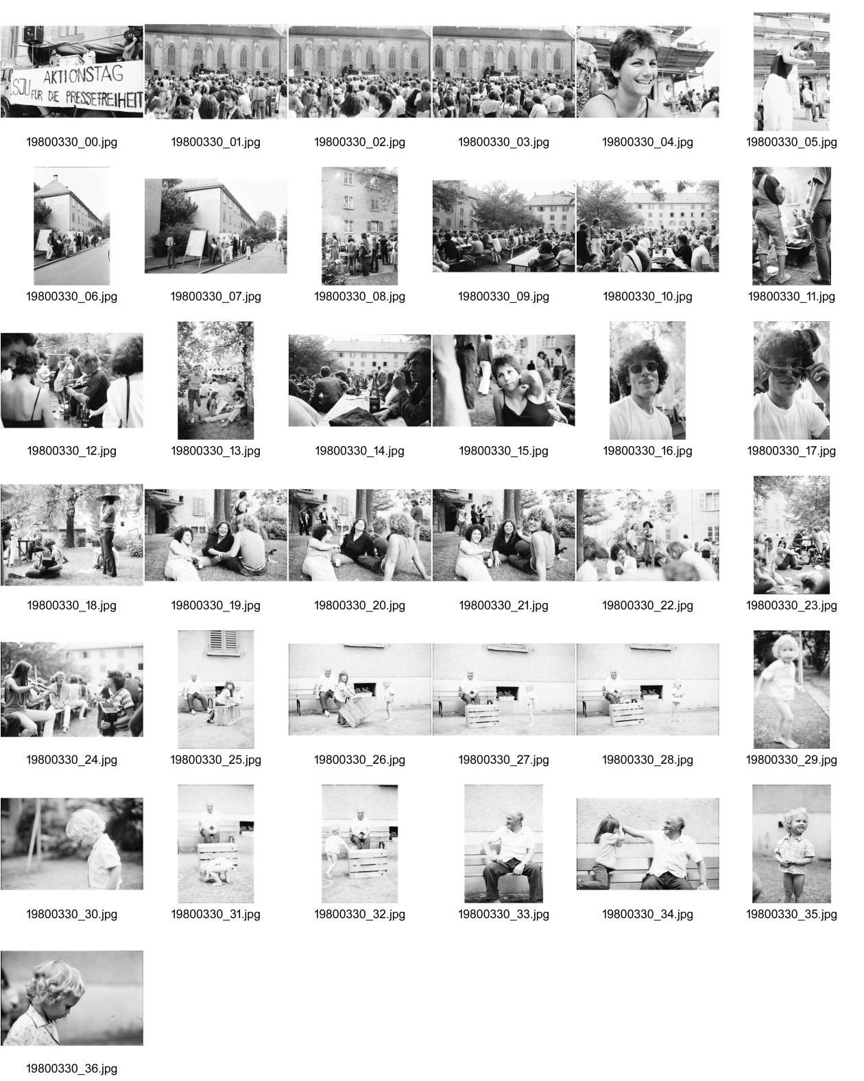 Image of sheet 19800330: SJU Aktionstag für die Pressefreiheit. auf dem Münsterplatz. Olivia. Fest Rebhügel Siedlung. Besetzung. Elinor Burgauer Portrait. (links: Raphael Marx und re. Daniel Schlegel  Kameramann SFDRS Andi Andy Ackermann (seelig) Kinder Jugendbewegung Bewegig AJZ Zürcher Jugendunruhen Demonstrationen Zürich 1980 Wohnen
