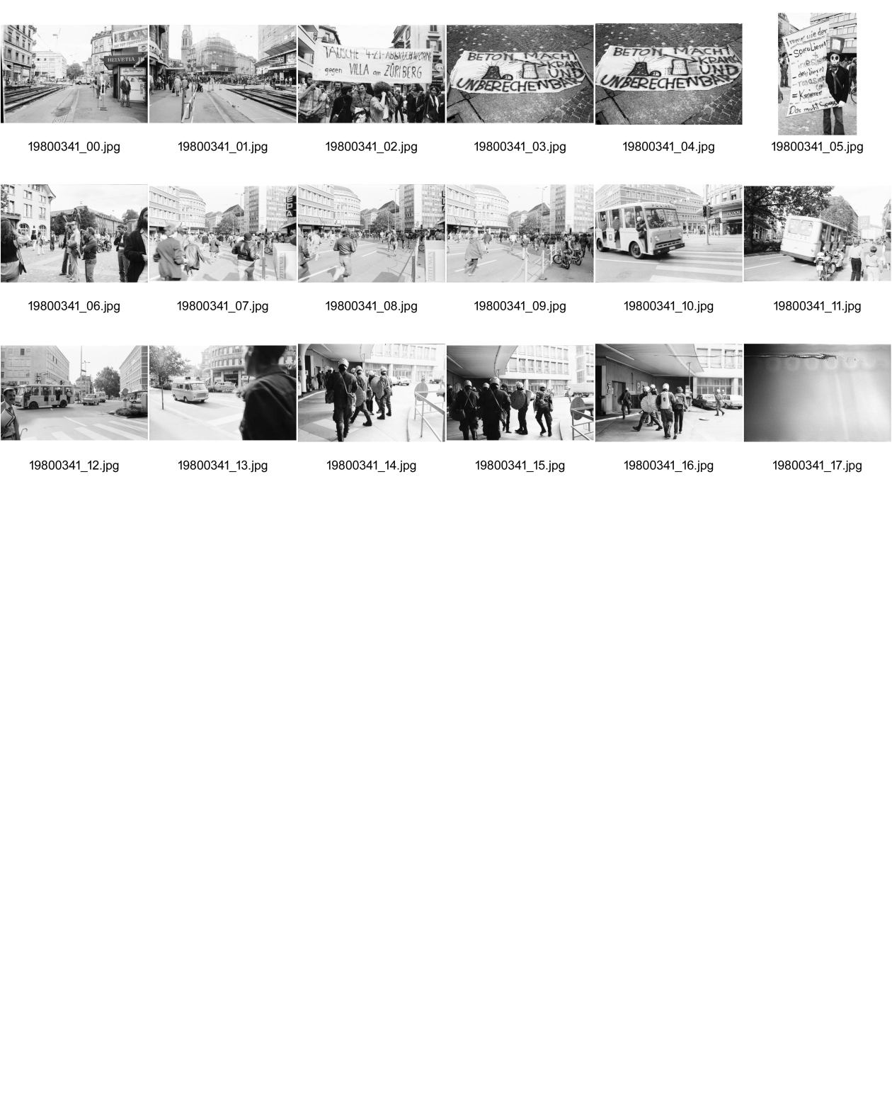 Image of sheet 19800341: Nach Wohnungsnotdemonstration 137 Verhaftungen. Stauffacher Umbau. 'Tausche 4 Zi Abbruchwohnung gegen Villa am Zürichberg' 'Beton macht krank und unberechenbar' Helvetiaplatz. An der Nüschelerstrasse gibt es ein Polizeieinsatz mit Tränengas, die Leute flüchten in die Parkgarage. Verhaftung. Limmatquai Kurz Schaufenster wird eingeschlagen Getränke ausgeraubt Bellevue wird von Militär und Polizeifahrzeugen besetzt. Ein verwundeter wird am Limmatquai von der Sanität betreut und abgeholt.
Jugendbewegung Bewegig AJZ Zürcher Jugendunruhen Demonstrationen
Zürich protest youth movement 1980