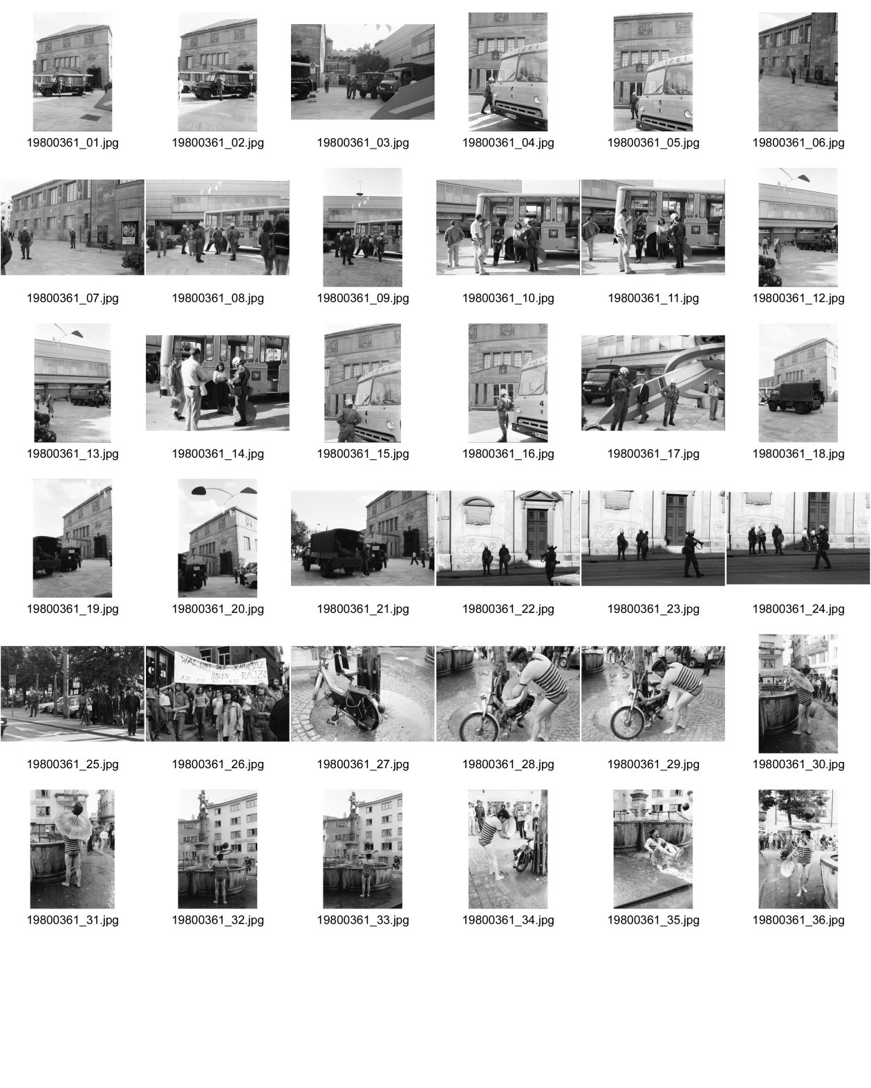 Image of sheet 19800361: Demonstration zur Schliessung des AJZ vor dem Kunsthaus stehen Grenadiere und ihre Fahrzeuge. Sie kontrollieren PassantInnen. «Fanfare» des Schweizer Künstlers Robert Müller und Calder Mobile hängt vor dem Zürcher Kunsthaus am Pfauen. Graffittis 'Was gibt der Schwajz ihren rajz.' Mann spielt mit Wasserzuber und Schirm am Brunnen vor dem Franziskaner Hotel im Niederdorf.

Jugendbewegung Bewegig AJZ Zürcher Jugendunruhen Demonstrationen
Zürich Youth movement 1980
