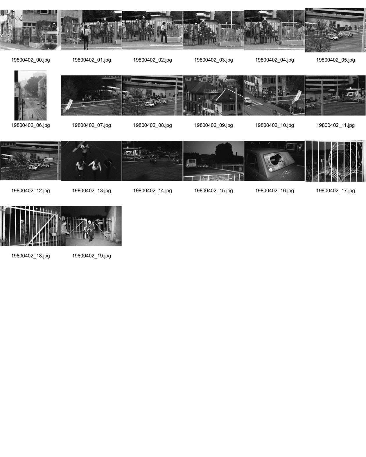 Image of sheet 19800402: Schliessung AJZ Michel Euler als Photograph vor AJZ Polizeigrenadiere weisen mich weg und bedrohen mich mit Gummigeschoss Gewehr. Anklage. Auto mit kaputter Heckscheibe. Stacheldraht. Polizei. Nacht.
Jugendbewegung Bewegig AJZ Zürcher Jugendunruhen Demonstrationen Zürich 1980
Negative unauffindbar verloren ? falsch abgelegt