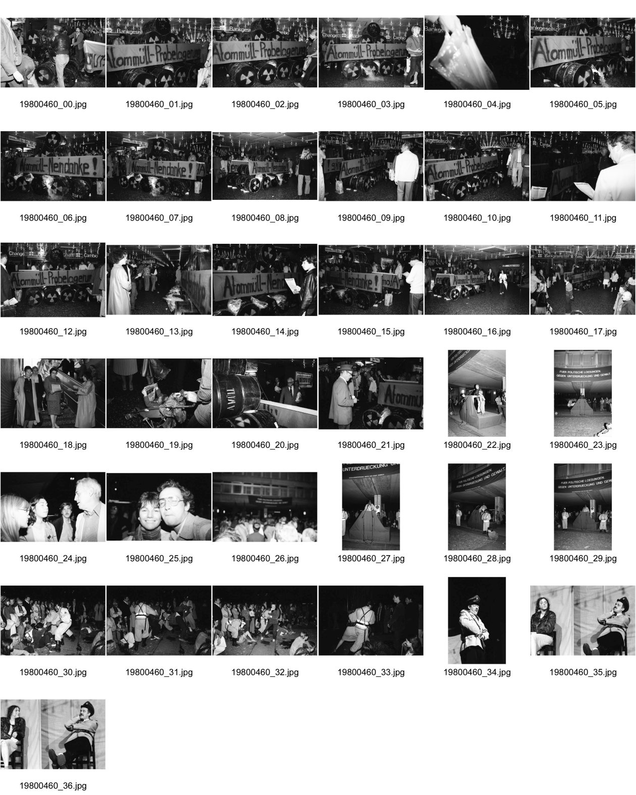 Image of sheet 19800460: Anti AKW Antiatom Atommüll -Probelagerung Protest der POCH im Shopville Hauptbahnhof Zürich gegen Kernkraftwerke und Nagra. Am Helvetiaplatz Kundgebung mit Helmut Hubacher und Roman Brodmann unter Transparent 'Für politische Lösungen gegen Unterdrückung und Gewalt' Olivia und Thomas Krempke. Polizeitheater Ulli Richter POZ im Volkshaus. 

Jugendbewegung Bewegig AJZ Zürcher Jugendunruhen Demonstrationen