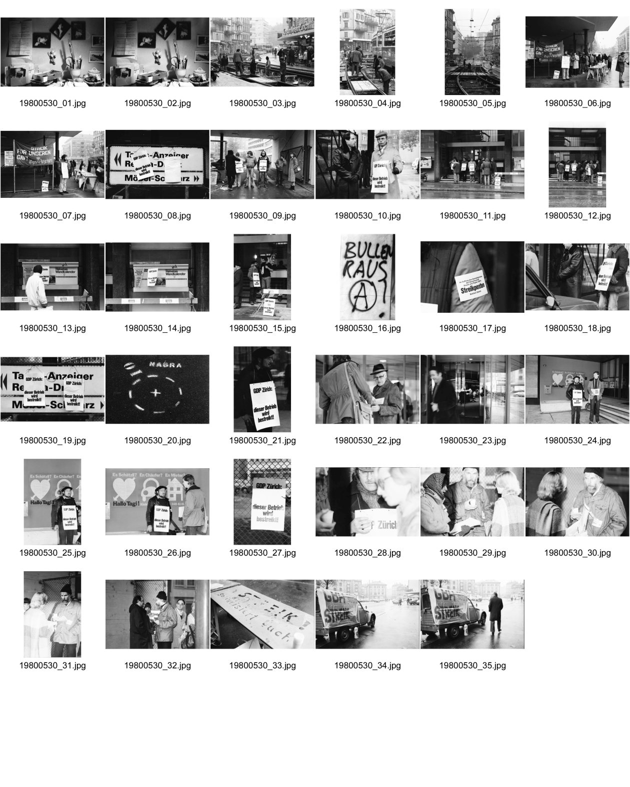 Image of sheet 19800530: Mein Tisch Weinbergstr. 37 Stauffacher Geleise Bauten VBZ. Gewerkschaft Druck und Papier Streik beim Tages Anzeiger. Werdstrasse 21 'Streik für unseren GAV. Streikposten. Anti NAGRA Nagra Protest Graffitti auf Boden. 'Dieser Betrieb wird bestreikt. Zürich Kreis 4
