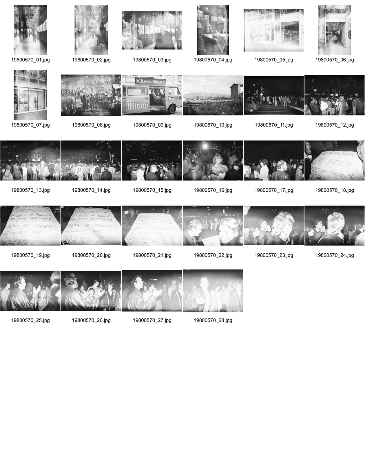Image of sheet 19800570: Globus vergittert gegen die Steinewerfer und zum Schutz ihre Schaufenster in den Passagen Gitter. angebliche Demonstration Protest für Roger Schawinskis Radio 24. Folgendes steht auf einem Papier:
'Die angekündigte Demo ist nicht von Radio 24, und nicht bewilligt. Wenn ihr hingeht, schadet ihr Radio 24'  Am Bellevue. Key
Jugendbewegung Bewegig AJZ Zürcher Jugendunruhen Demonstrationen Zürich 1980