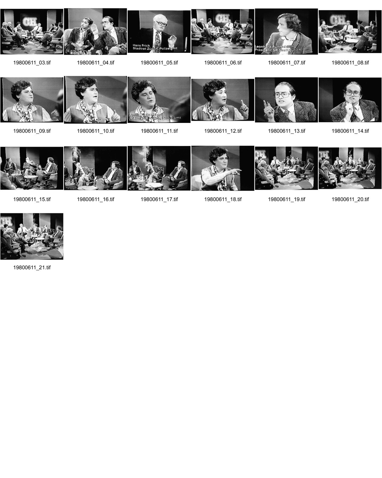Image of sheet 19800611: frtsg. 800590 Müller Sendung im TV mit Fredi Meier, Hayat Aldin, Leonhard Fünfschilling, Präsident SP Stadt Zürich. Emilie Lieberherr, Stadträtin Sozialamt. Bärtschi, und Stadtrat und Polizeivorsteher Frick im CH Magazin. ab TV .07. 1980
Jugendbewegung Bewegig AJZ Zürcher Jugendunruhen Demonstrationen protest youth movement Zürich Switzerland Schweiz