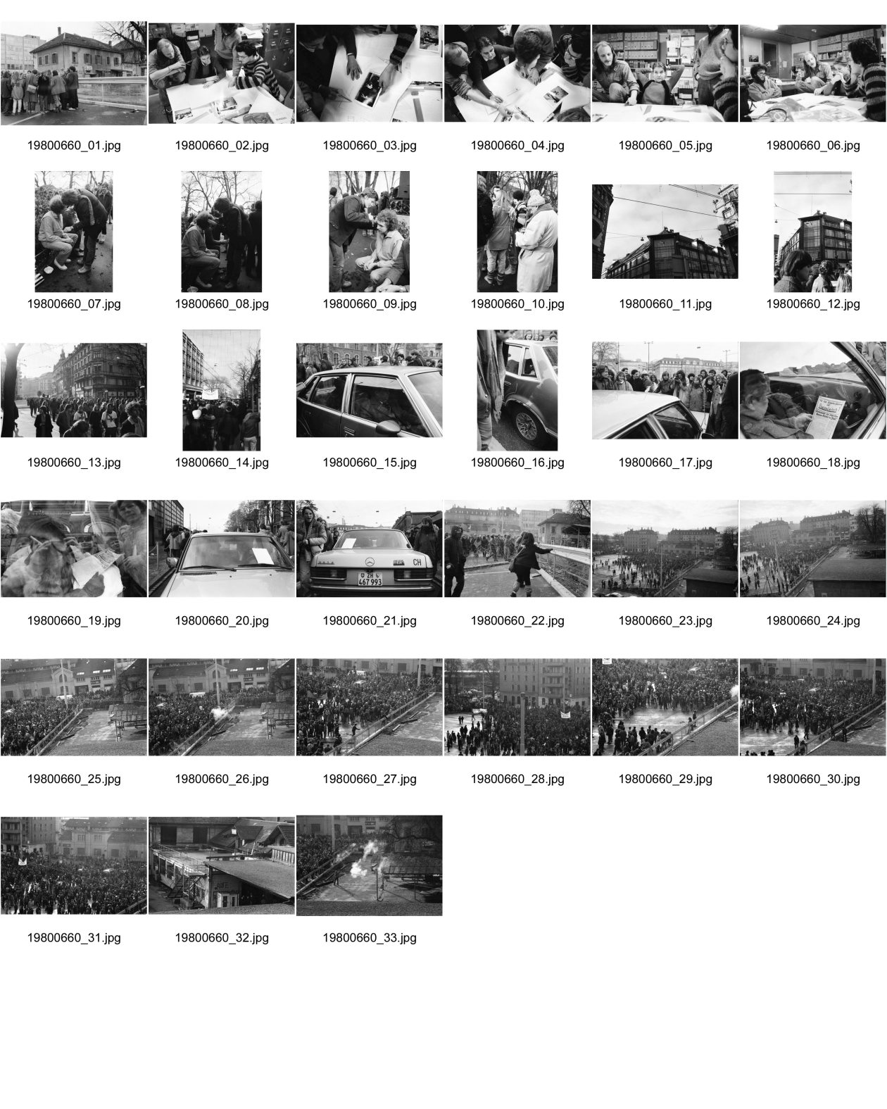 Image of sheet 19800660: Vor AJZ. Herstellung von Bewegungs Fotobuch Photobuch. 'Verlag ohne Zukunft' an der Baslerstrasse mit Dieter Oswald, li.Malou von Muralt, mi, Daniel Schäublin re. ganz li. Andi Zai.  Demo 24.12.80 vor AJZ. Stürmung AJZ. Von oben.
Jugendbewegung Bewegig AJZ Zürcher Jugendunruhen Demonstrationen Zürich 1980
