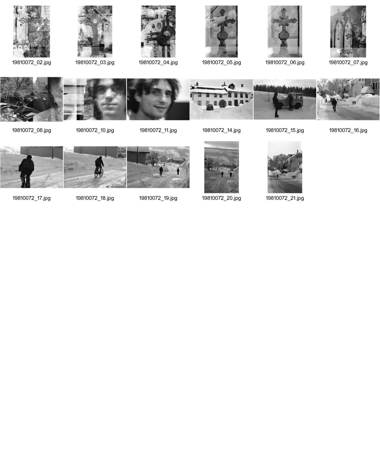 Image of sheet 19810072: frtsg. 810070 Vallée de Joux PTT mit Jeep  Jurahaus Radfahrer im Schnee vor Jaeger le Coultre. Friedhof Bilder Kreuz Doppelbelichtung Portrait Filmer Filmemacher Chrig Christoph Schaub und Manuel Grütter. Le Sentier Vaud Waadt 1981