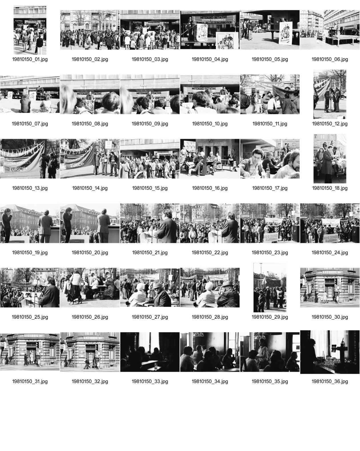 Image of sheet 19810150: Helvetiaplatz Mitenand Initiative für Fremdarbeiter. Nationalrat Hansjörg Braunschweig SP als Redner Andreas Zurbuchen Photograph Arbeiter Journalisten mit Erich Schmid. Restaurant Krokodil Innenansicht. Key 1981 Zürich