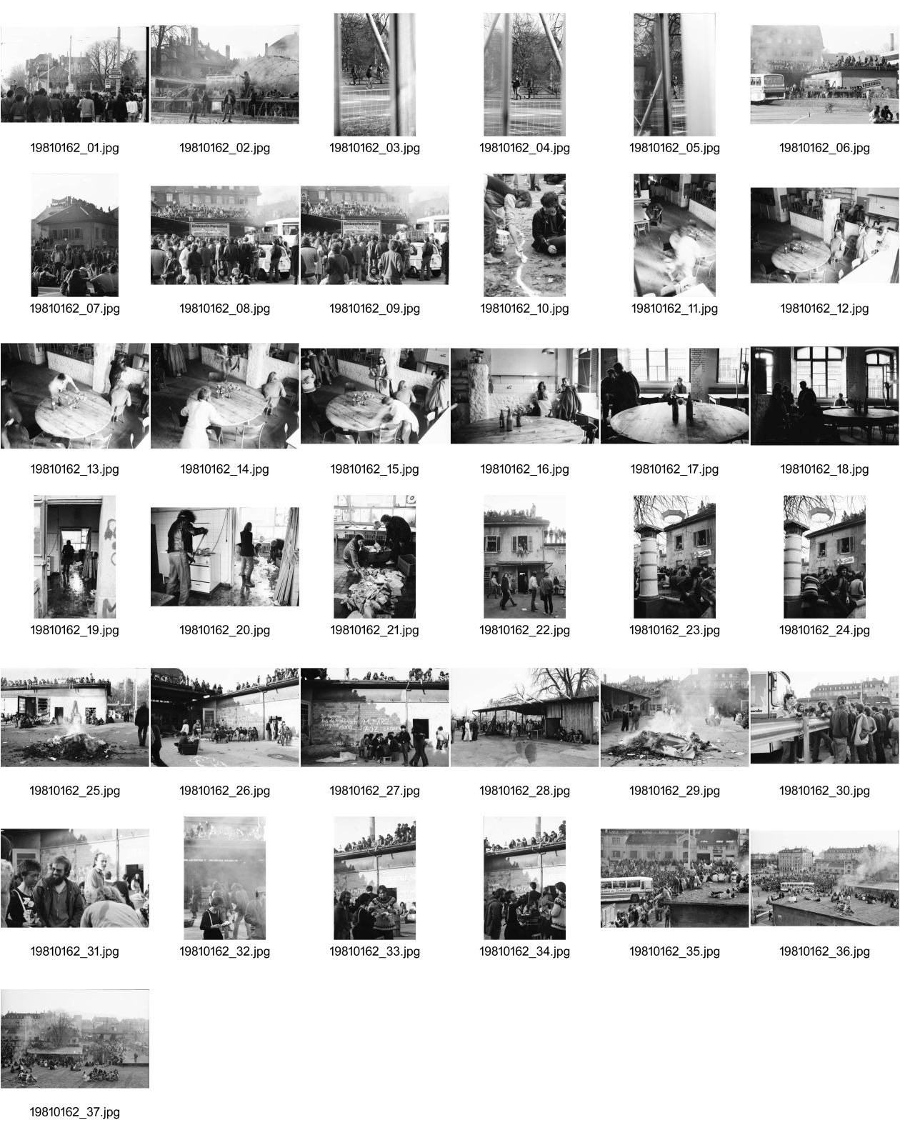 Image of sheet 19810162: frtsg.810161 21.März 1981
An der bewilligten «Frühlingsdemonstration» nehmen rund 8000 Personen teil. Als der Zug das AJZ erreicht, dringen Tausende in das Areal des AJZ ein, und besetzen es. Während ein Teil des Zuges seinen Weg Richtung Helvetiaplatz fortsetzt. Am Abend räumt die Polizei das Gelände des AJZ: Gewalttätige Auseinandersetzungen und Sachbeschädigungen in der Gegend des Hauptbahnhofs. Limmatstrasse AJZ Stürmung und Besetzung Stacheldraht. Wir temporären und du? Plakat. Neonazi Faschist
Figugegel Reklame Innenraum Küche Spuntä AJZ Autonome Sanität Feuer
Jugendbewegung Zürcher Bewegung Autonomes Jugendhaus Kreis fünf Zürich Schweiz Switzerland 

Heinz Ning:
An der bewilligten 'Frühlingsdemonstration' nehmen rund 8’000 Personen teil. Als der Zug das AJZ erreicht, dringen Tausende in das Areal des AJZ ein, während ein Teil des Zuges seinen Weg Richtung Helvetiaplatz fortsetzt. Am Abend räumt die Polizei das Gelände des AJZ: Gewalttätige Auseinandersetzungen und Sachbeschädigungen in der Gegend des Hauptbahnhofs.