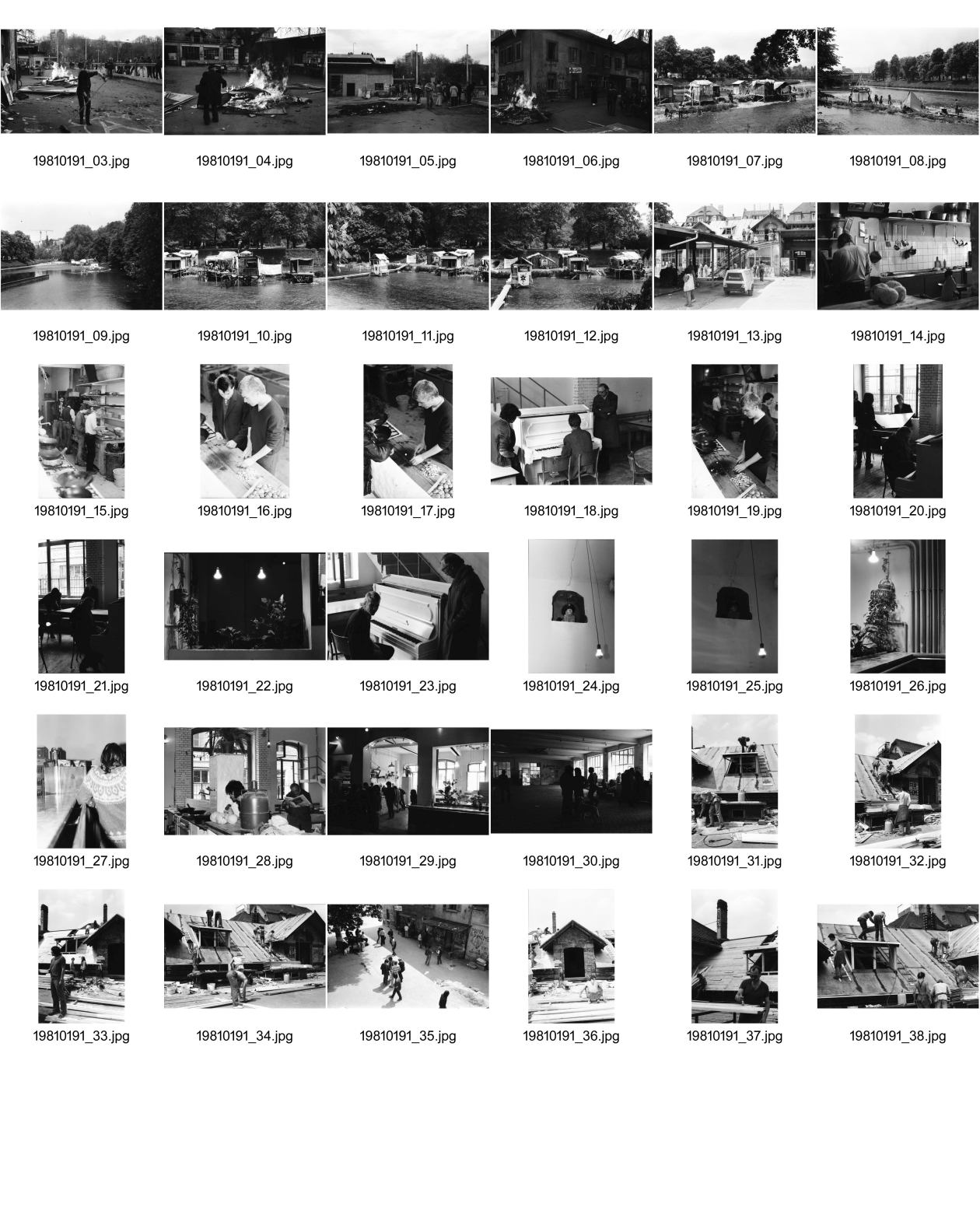 Image of sheet 19810191: Aufbau AJZ Küche und Dach Junge bauen. Chaotikon in der Sihl Fluss Wasser Protest gegen Wohnungsnot Wohn Installation Zürich Feuer 

Baraken siedlung auf Pfosten, Küche  Christoph Müller Urs Morf Züri Leu housing 1981 Switzerland swiss Schweiz Europe youth movement Wohnen Kochen
