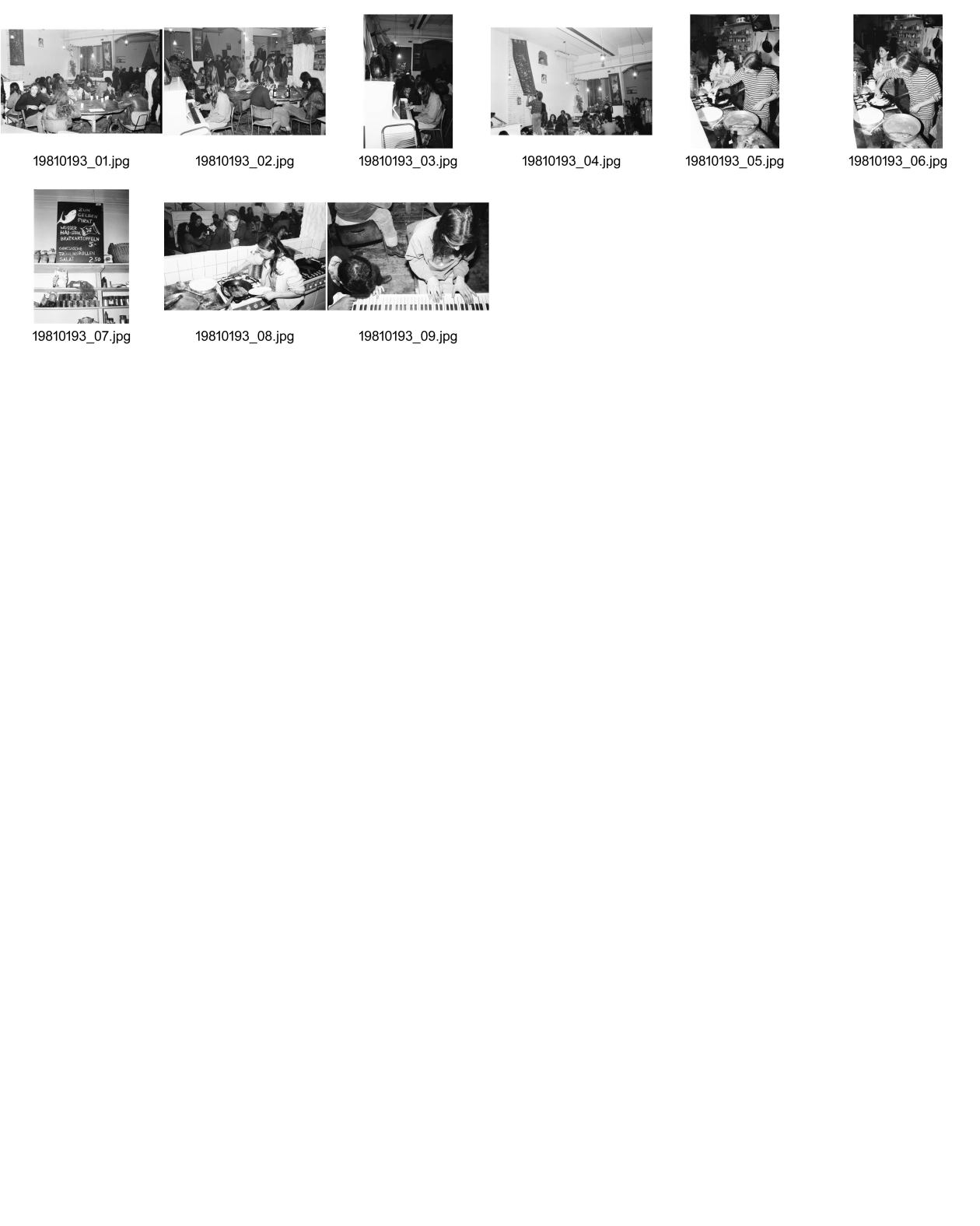 Image of sheet 19810193: Christian Egger kocht im AJZ mit Claudia Barbara Brüllmann (3.5.1955 - 29.11.2020) Zürich 1983.  2 sitzen am Piano. Spuntä im Innern mit Szene Restaurant Autonomes Jugendzentrum protest occupied housing center Youth Zürich 1981 eating cooking