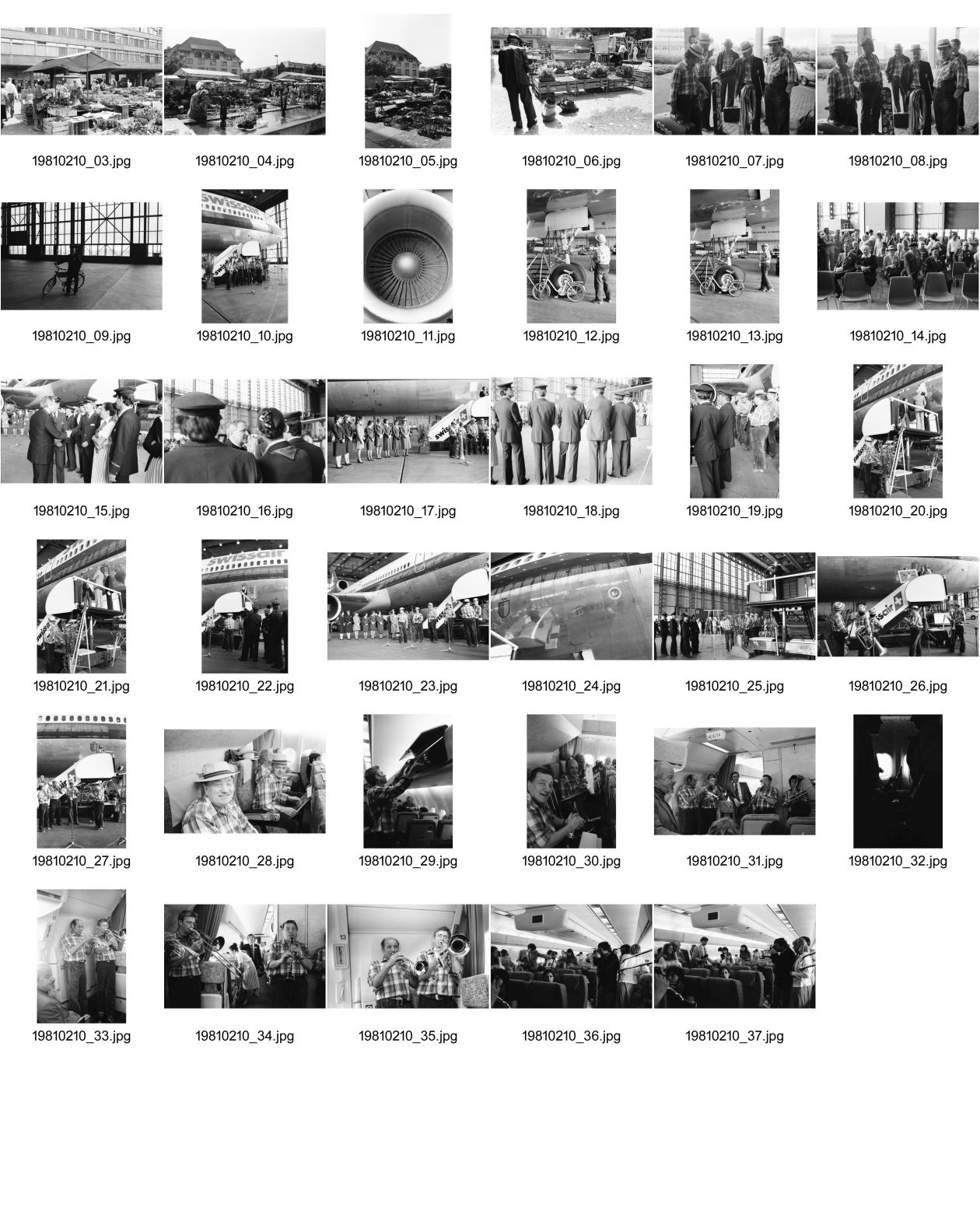 Image of sheet 19810210: Marktstimmung auf dem Helvetiaplatz. Im Flughafen Zürich Kloten wird eine DC 10 auf den namen Ticino getauft. Musik wird gespielt auf dem Flug über Nizza und zurück. Piloten stehen da in Gruppen. Im Innern spielen 2 Männer aus einem Tessiner Musik Grüppli Turbine. Musiker Fahrrad und Flugzeug Rad.