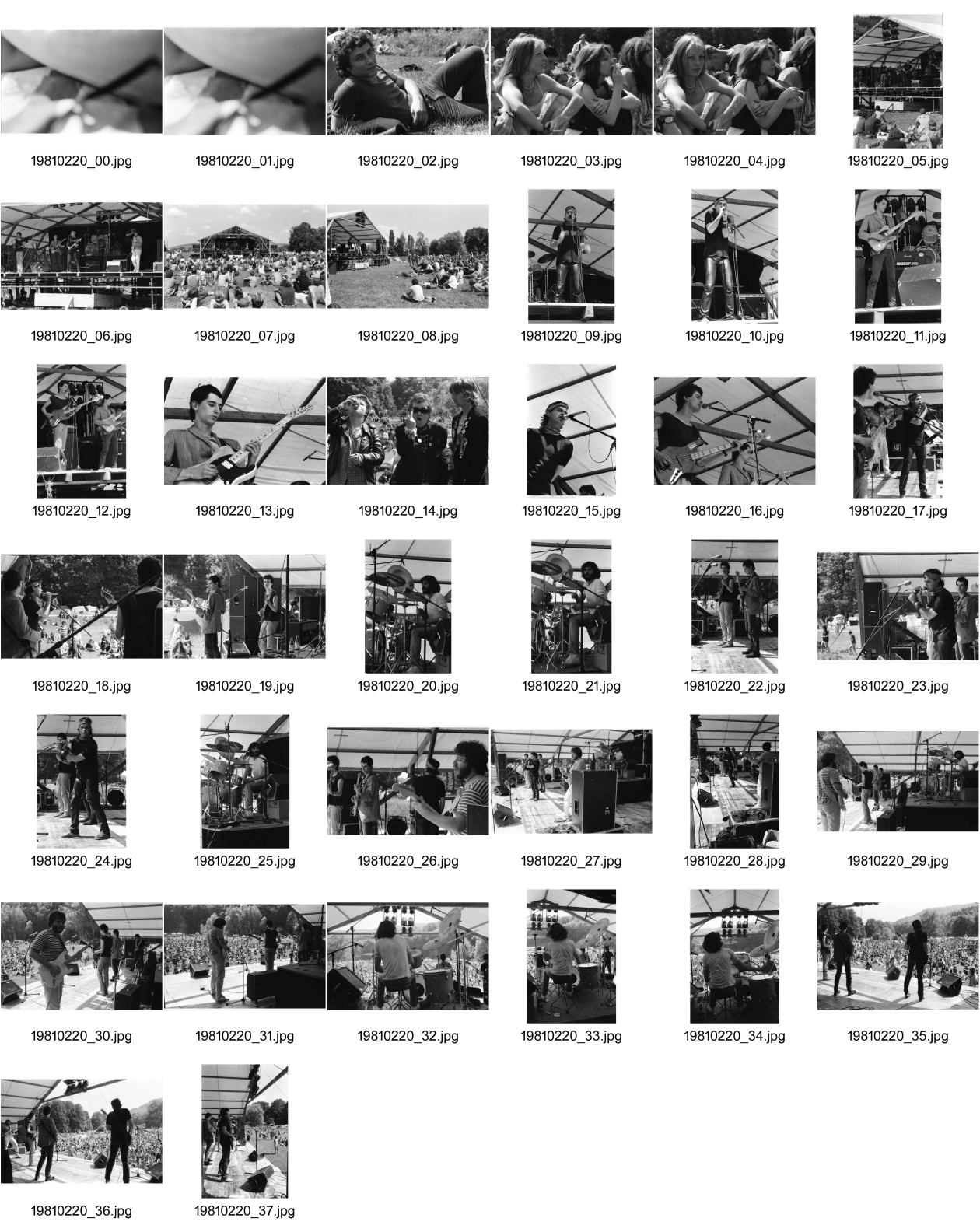 Image of sheet 19810220: Open Air Pfingsfest Allmend Brunau Zürich mit W 84 für Tagi mit Jörg Walker, Andrea Caprez Ossi und Bernd, Heppel etc. Lydia Bischofberger Max. Punks trinken Alkohol. Biertrinkende 1981 concert Rock music
wibi