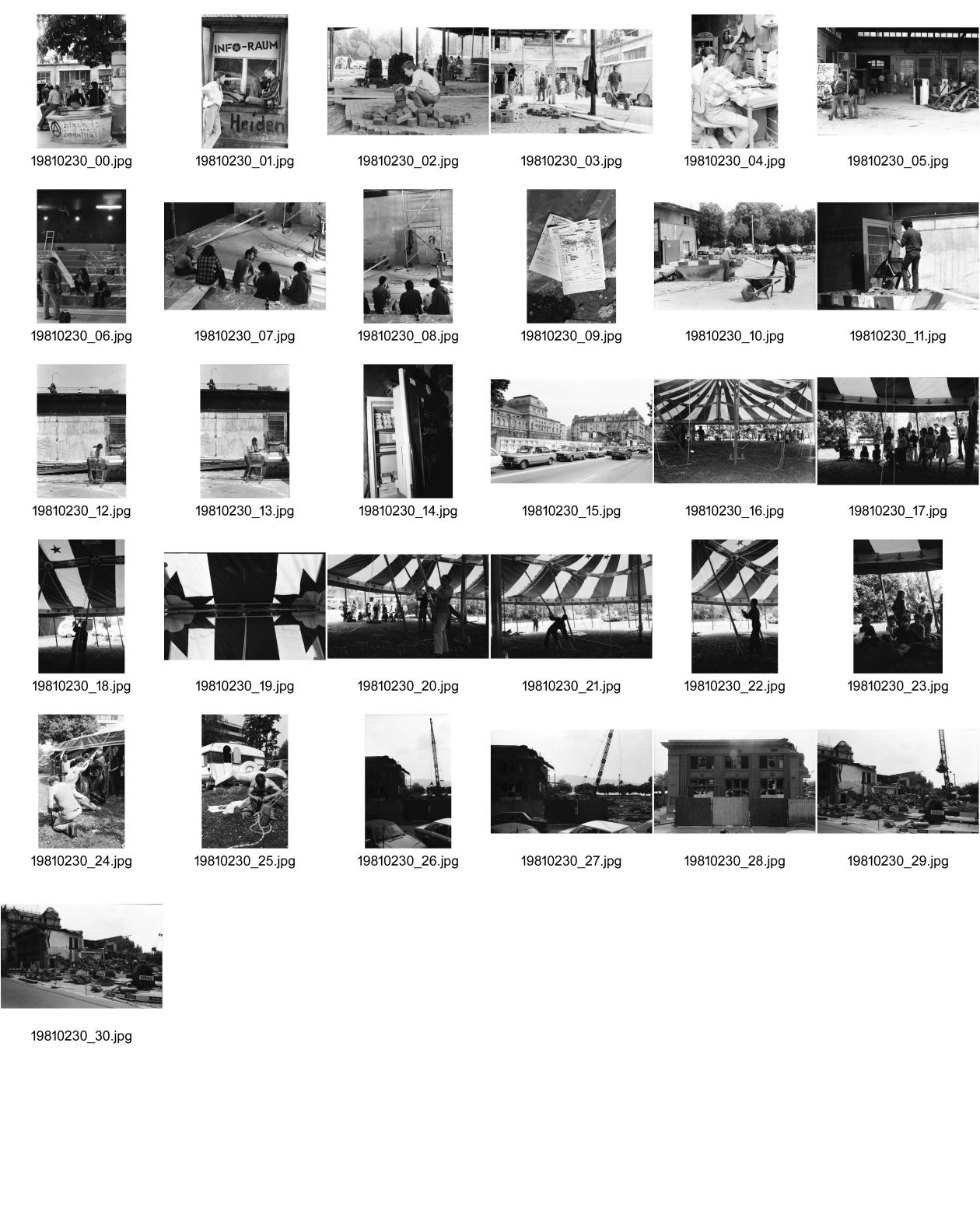 Image of sheet 19810230: Brunnen AJZ Info Raum Renovationsarbeiten. Kinoraum für Xenix im AJZ Ajz. Zirkuszelt Zirkus von Percy Heussler Parzival im Quartierzentrum Freizeitanlage Riesbach. Seefeld Bernhardtheater wird abgerissen. Opernhaus Zürich Kino Kulturbetrieb