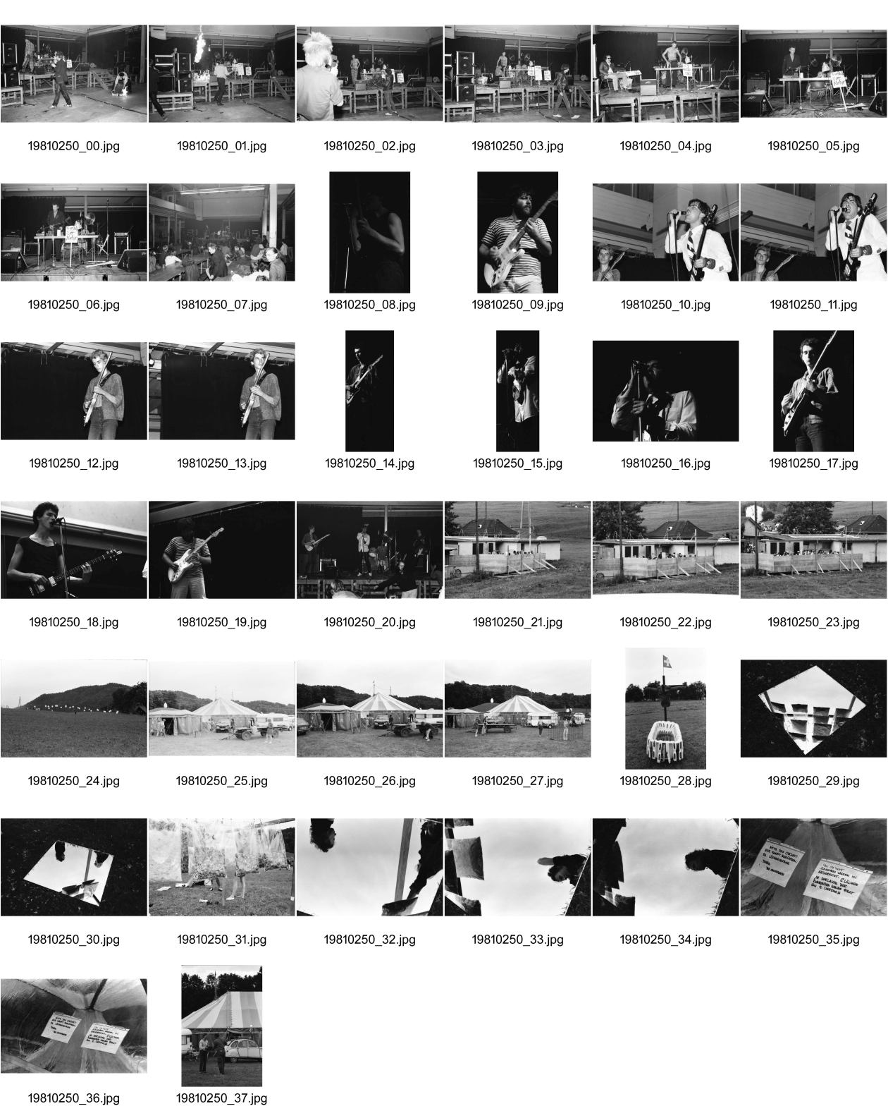 Image of sheet 19810250: frtsg. 810240 in der Roten Fabrik mit Kiev Stingl Silvano Speranza
etc. Konzert W84: Andrea Caprez Jörg Walker etc. Ossi. Männer provisorisches Pissoir am Schwinger fest. 
Zirkus Parzival von meinem Vater Percy Heussler in Flawil SG mit Rigolo mit Federlos. Kultur aktion 1981