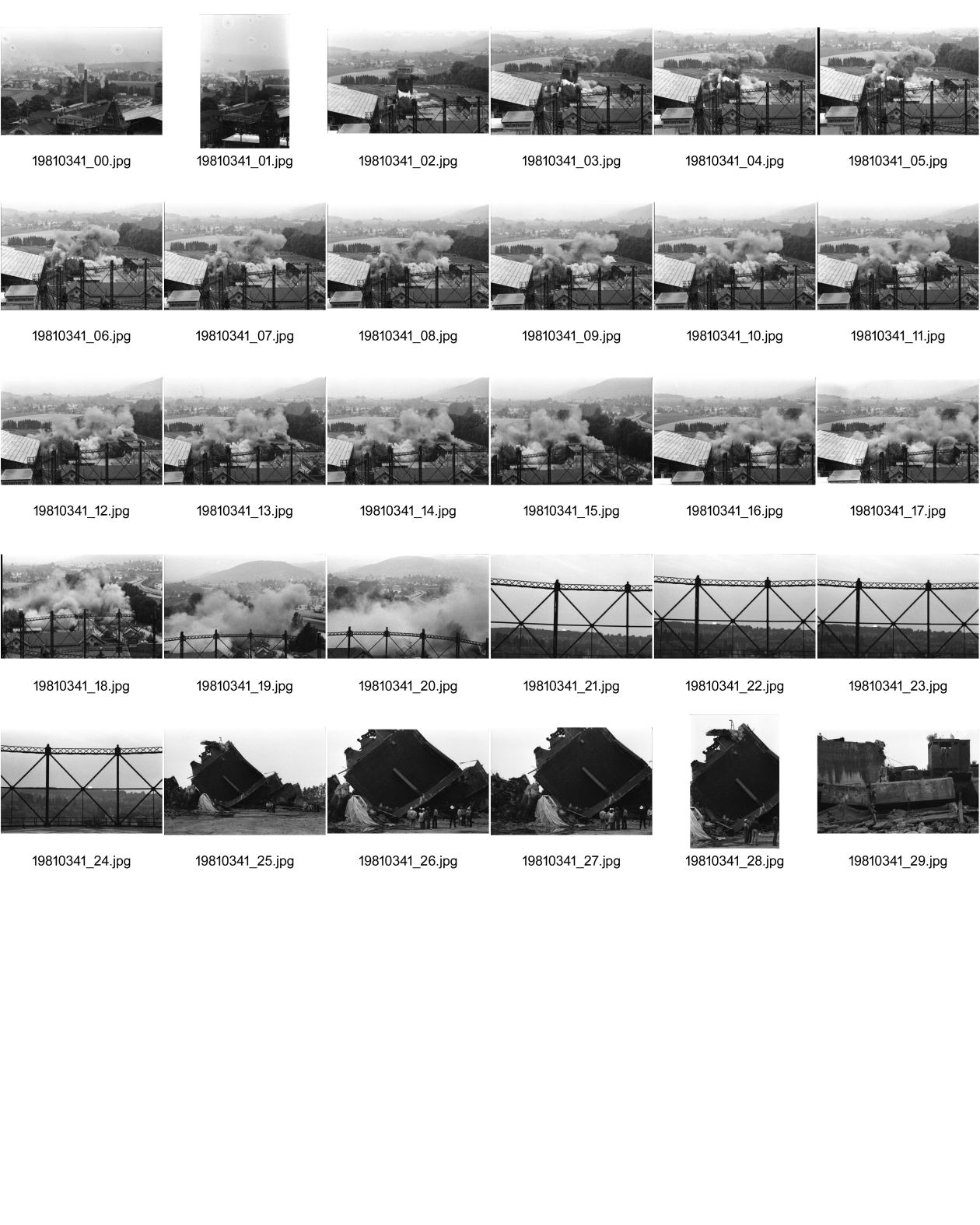 Image of sheet 19810341: Sprengung Gaswerk Kohleturm Schlieren für Key. Tagi Meine Neg. Kamin Visiert anstatt Kohleturm Zürich