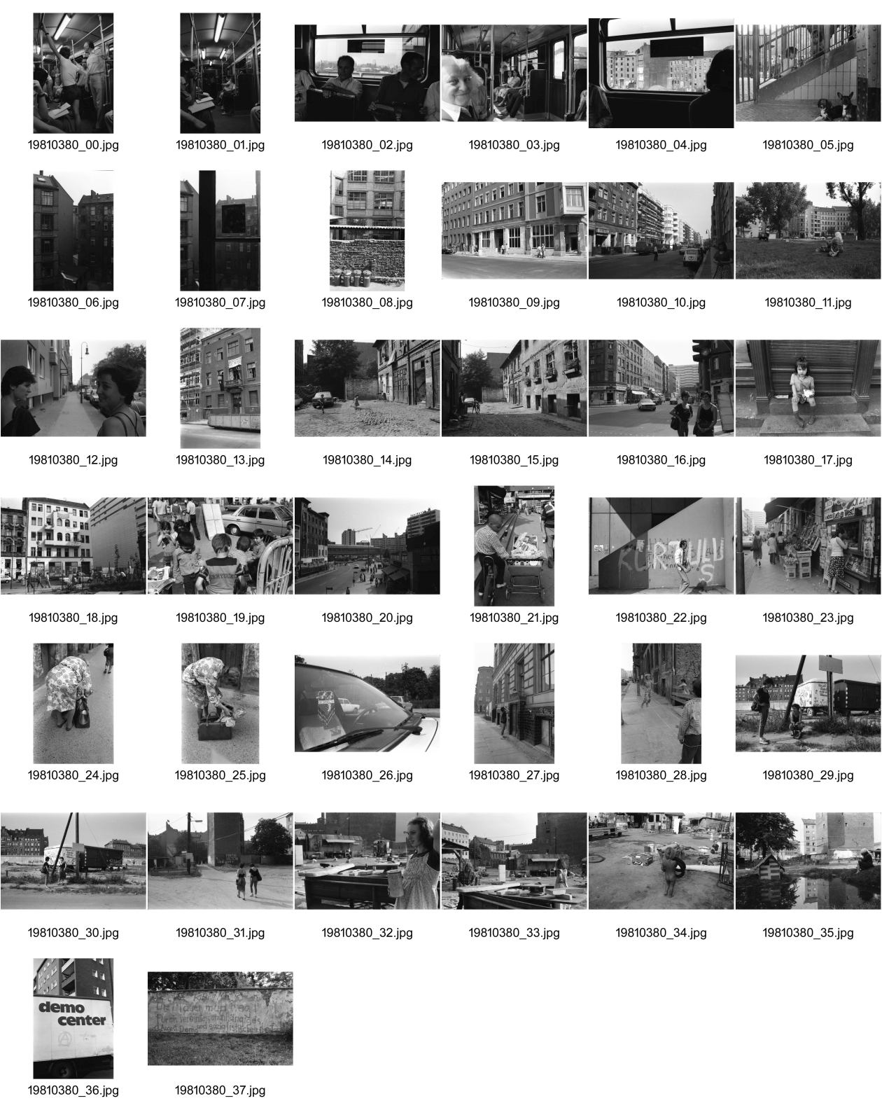 Image of sheet 19810380: Szenen in U-Bahn. mit Margrit Brunner und Iren Monti Zwei Knaben und Zwei Hunde. Häuserfassaden. Abfallkübel Innenhof. Türkin sitzt auf Wiese vor Künstlerhaus. X Besetztes Haus. kleines Mädchen. Alte Frau füttert ihre Puppe mit Banane. Opel Zeichen Handmade auf Türkische Art, in Auto hängend. Kindergruppe. Junge mit gefüllten Kinderwagen voller Nahrungsmittel. 'Kurtulus' 
Kurtuluş (Organisation), eine Splittergruppe der Türkischen Volksbefreiungspartei Front
steht auf Mauer. Türkischer Laden. Alternative Szene macht Zoo für Kids. Stimmung mit Spiegelung. Demo Center' 'Die Mauer muss weg. Für ein vereintes unabhängiges sozialistisches Deutschland. Berlin Westdeutschland 1981