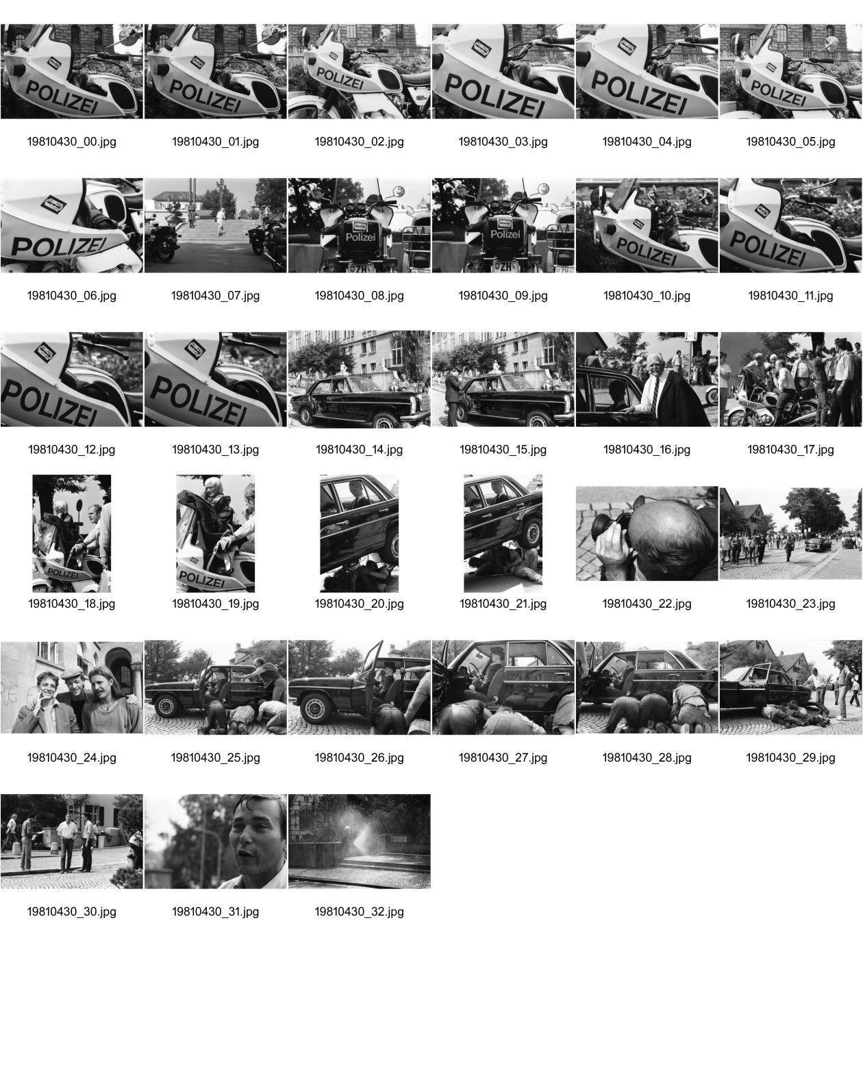 Image of sheet 19810430: frtsg 810420 Espion lève-toi. Directed by Yves Boisset. With Lino Ventura, Michel Piccoli, Bruno Cremer. 1981
Polizei Motorrad mit Stilett Sticker Kleber. Puppe Attrappe im Mercedes  Benz Hopi, drei Männer Hinter unter Mercedes liegen Statisten
Zürich 1981 Swiss Schweiz Switzerland Europe cinema french criminal movie france police