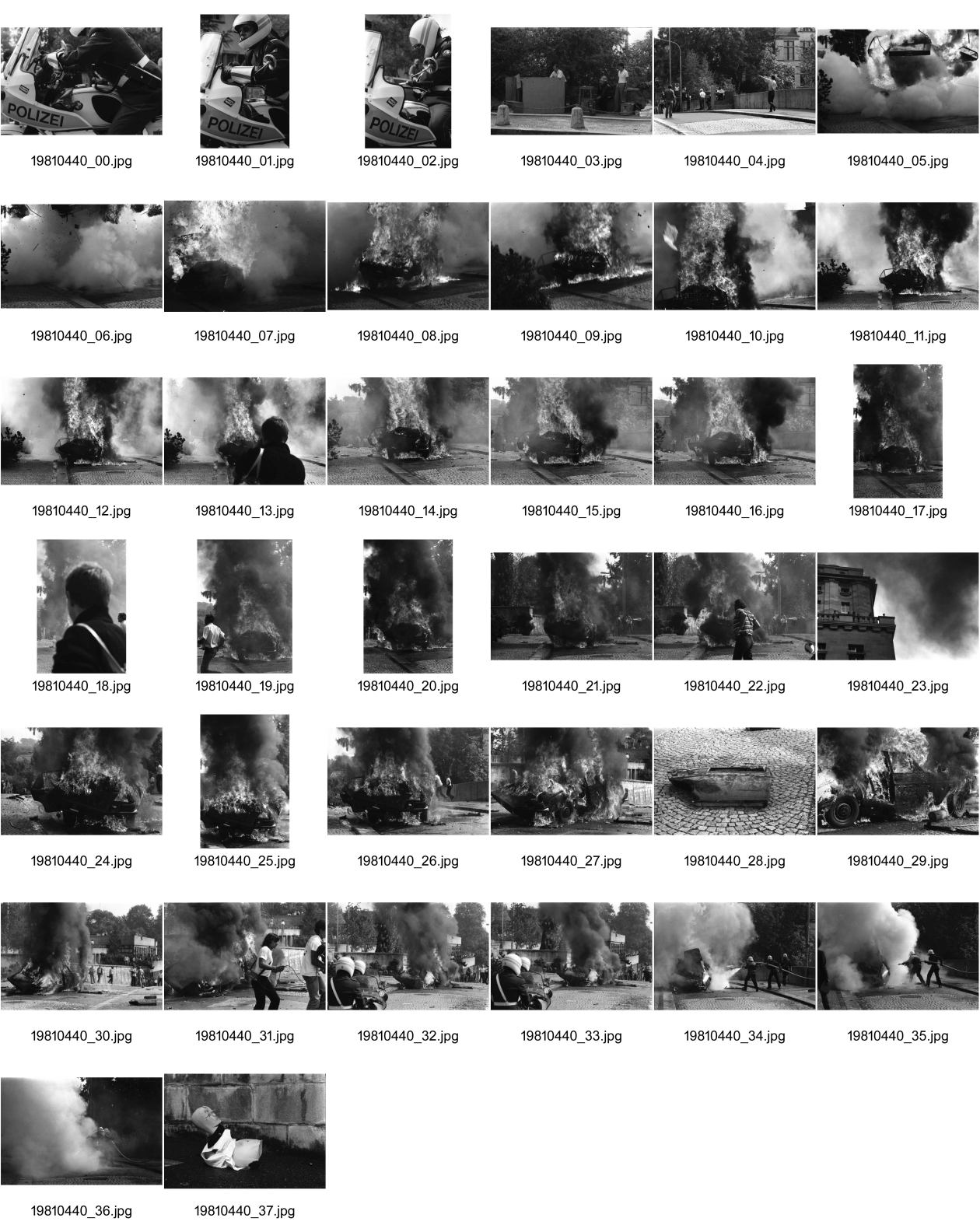 Image of sheet 19810440: frtsg 810430 Espion lève-toi. Directed by Yves Boisset. With Lino Ventura, Michel Piccoli, Bruno Cremer. 1982
Polizei Motorrad. Mercedes Auto Sprengung Feuerwehr löscht. Die Heckschutz Scheibe hat mir fast den Kopf abgerissen. Sie landete oben im Garten des zoologischen Institutes neben einem Delphin aus Stein. Die Sprengung war zu stark. Zürich 1981