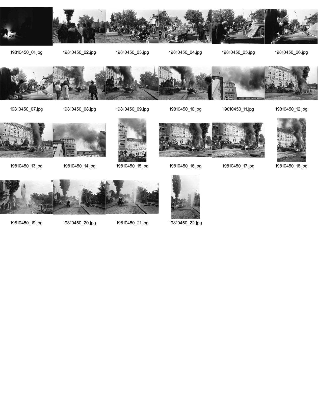 Image of sheet 19810450: Drehaufnahmen zum Film Espion leve toi von Yves Poisset 
Männer befestigen Schweizerfähnchen auf Mercedes Benz Universität Zürich
brennt noch Loch im Schlauch der Feuerwehr Rauchfahne
Zürich Künstlergasse 1981
