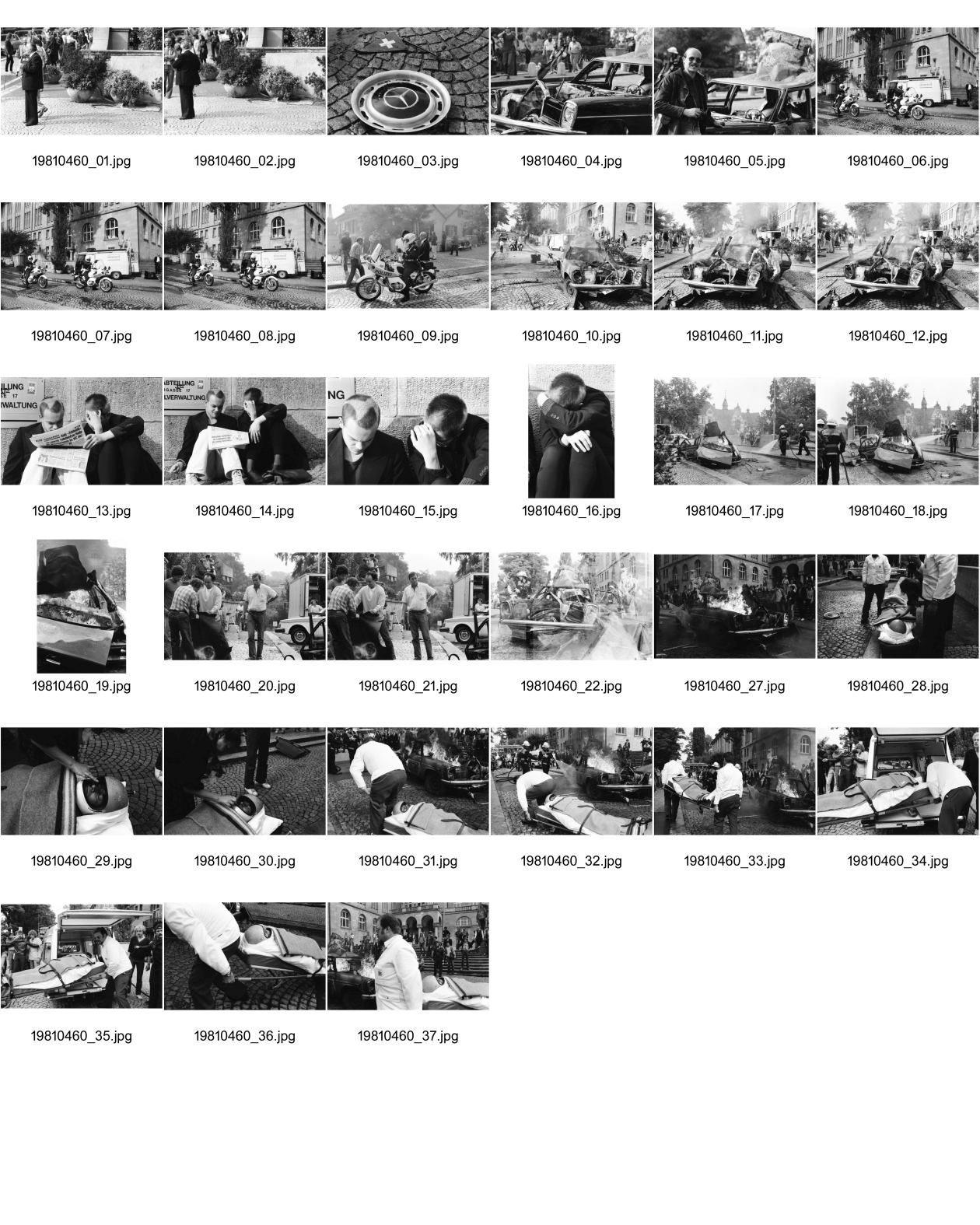 Image of sheet 19810460: frstg 810450 Teile vom Mercedes Benz liegen herum Hopi. Polizei auf Motorrad, Der spätere Kunstmaler Aleks Weber mit gebleichtem Haar. Feuerwehr löscht Brand. Yves Poisset Espion l'ève toi. Motorrad fahrer wird von Sanität mit Helm abgeführt. Zürich 1981
