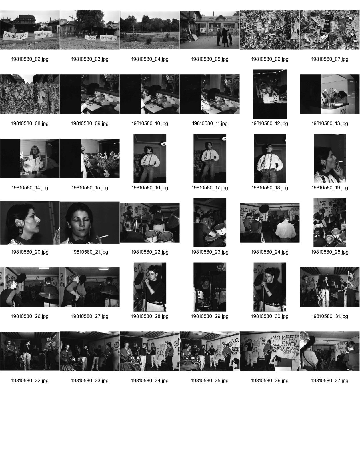 Image of sheet 19810580: Plakatwand mit Fetzen AJZ. Arzt Pietro Somaini in Praxis Limmatplatz. Olivia von Delia Heussler geschminkt und fotografiert mit Zigarette. Konzert mit Plaza Ilia Vasella, Jörg Walker, Viten Vito und Christoph Herzog. Portrait im Wibi Keller Weinbergstrasse Zürich Wohngemeinschaft WG Wohnen Zürich 1981