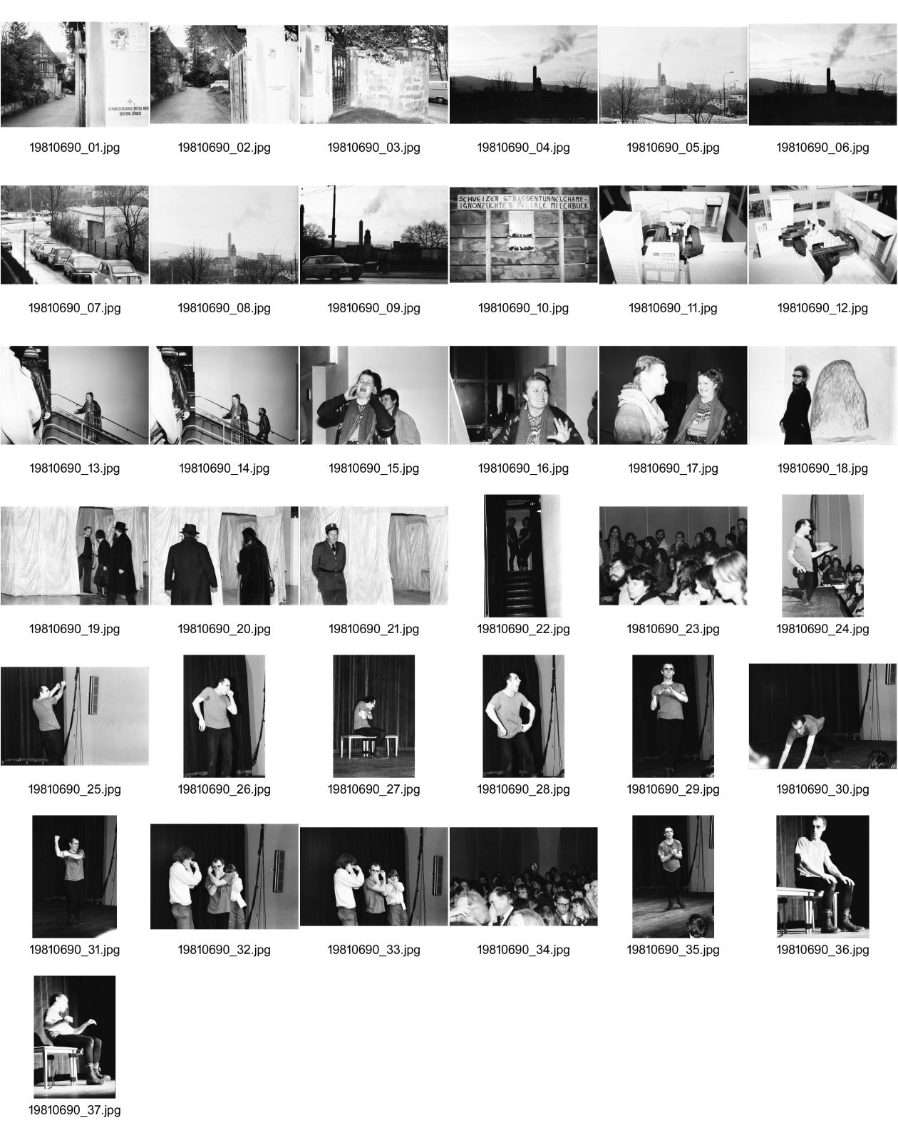 Image of sheet 19810690: Schweizerisches Rotes Kreuz Schindlergut Abfallverbrennungsanlage Josefstrasse Rauchendes Kamin. Austellungs Eröffnung mit 'La Lupa' und Rosina Kuhn. Betty Weber und alter Journalist? Securitas im Museum für Gestaltung. Jonny Melville im Houdini Kino Walche.