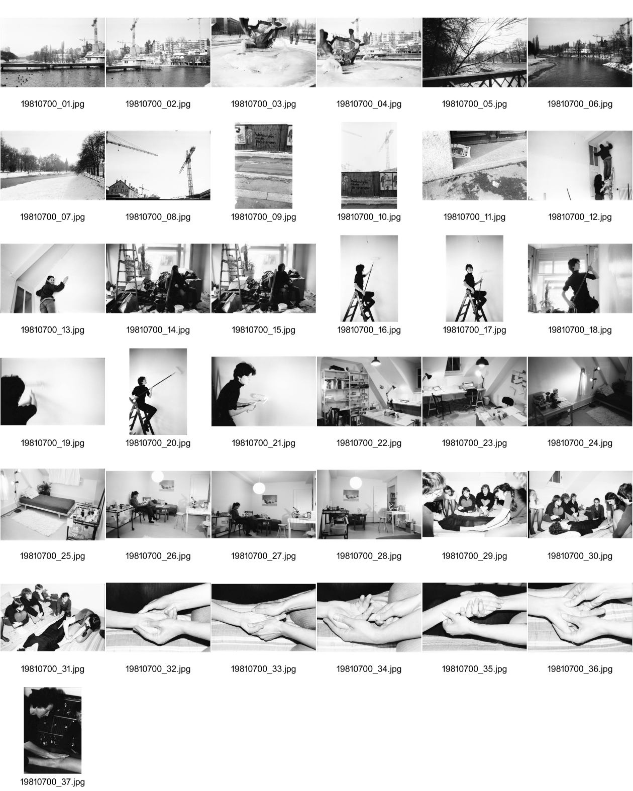 Image of sheet 19810700: Platzspitz im Winter Brunnen zugefroren. Brücke. Sihl. Kranen. «Wohnungen statt Bohrungen» Projekt Daylidays mit Olivia, Iren Monti, Gabriela Battaglia und Bea Götz Frauen Gruppen. Im Frauen Ambulatorium Mattengasse Behandlungsraum. Massage Kurs. Malou und Roland Gretler. Hände Nachaufnahmen. Zürich Schweiz 1981 swiss switzerland wasser water fountain kunst Art