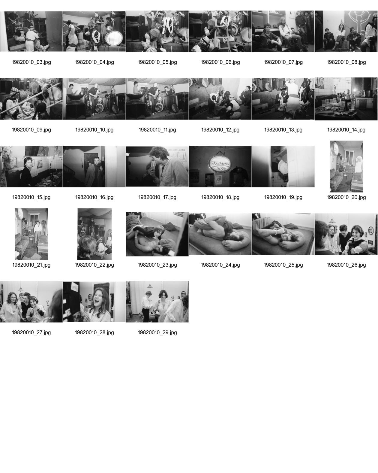 Image of sheet 19820010: Bilder von Alex Stierli. Silvesterfest an der Wibi, Wohngemeinschaft Weinbergstrasse 84 Komune. 30 Ilia, 31 Eva Herzog, Ilia Vasella, Olivia Heussler, Corin Curchellas. Malu von Muralt 34, 35 Olivia. 37 Jörg Walker usw.ab 14 Bilder von Olivia:Diane, Pietro Somaini. Pirkko Fleig, Chrig Christoph Schaub. Marcel Müller und Francesca Snyder. Zürich 1982