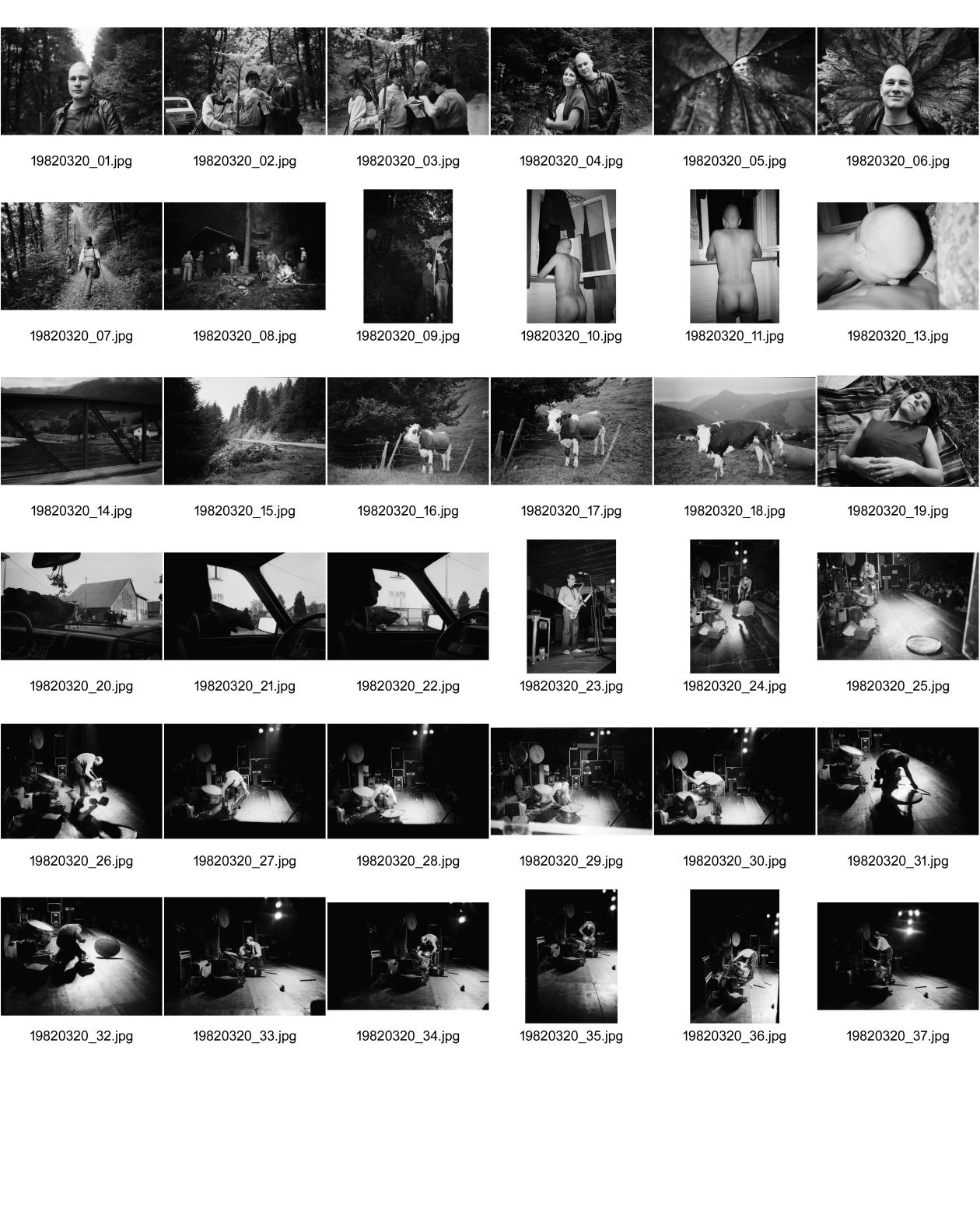 Image of sheet 19820320: Christoph Schuler ( mit Olivia Heussler ) Kahlschnitt Glatzkopf. Malou von Muralt Franz Schuhmacher. Christoph nackt. Kühe. Olivia. ZEV Zev und Peter Gordon in Winterthur. Konzert. WOZ. Zürich Schweiz Switzerland 1982 Swiss Svizzera Suisse Europe Jazz concert music band musician