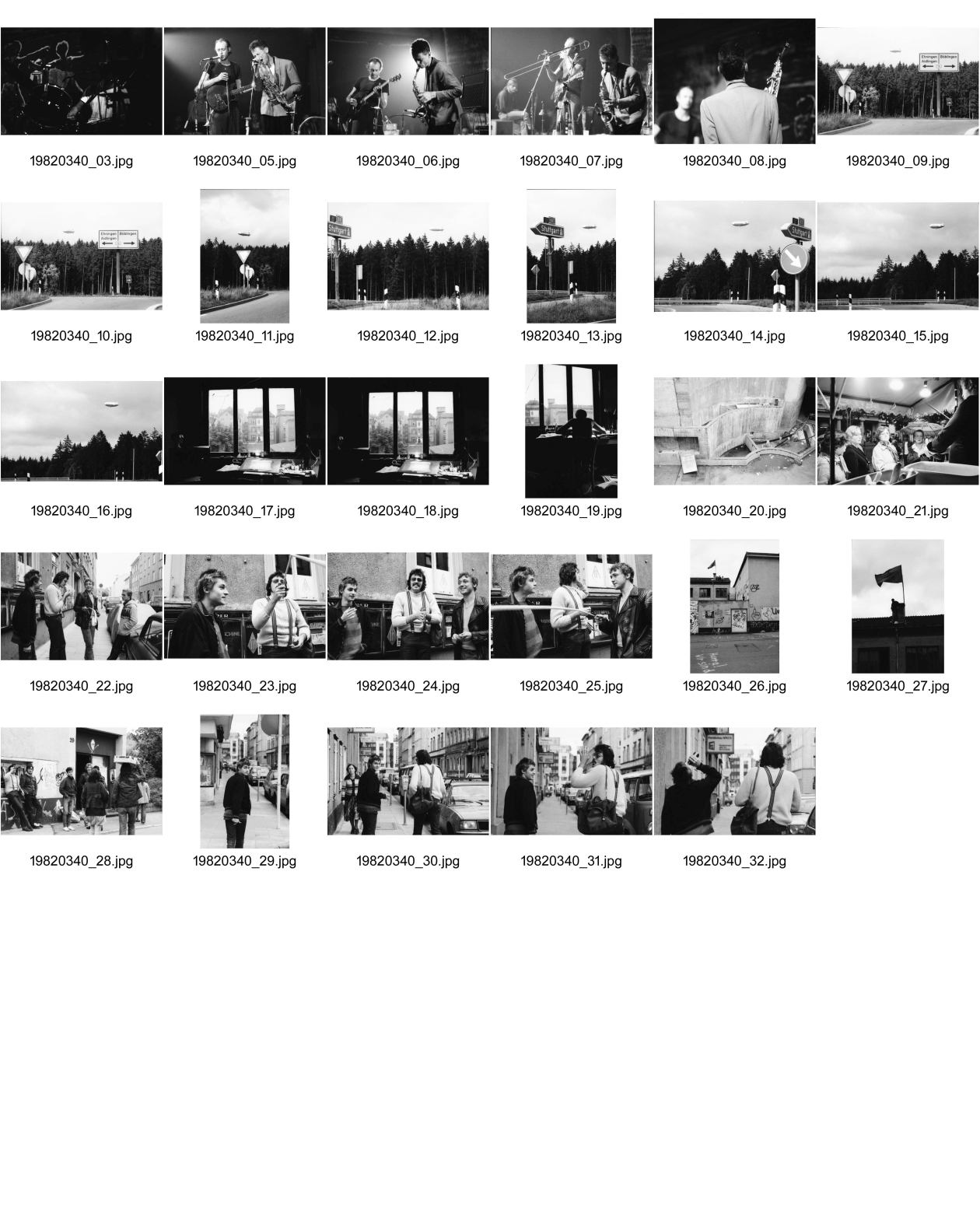Image of sheet 19820340: Zeppelin. Pierre Thomé, Zeichner Leiter Illustration Luzern, mit Kollegen in Stuttgart. Deutschland 
Konzert mit Blurt (Ted Milton) in Roter Fabrik. Tonmodern. Bühnenbild von Peter Bäder. Band mit Daniel Volkart, Jörg Walker Zürich Rote Fabrik 1982