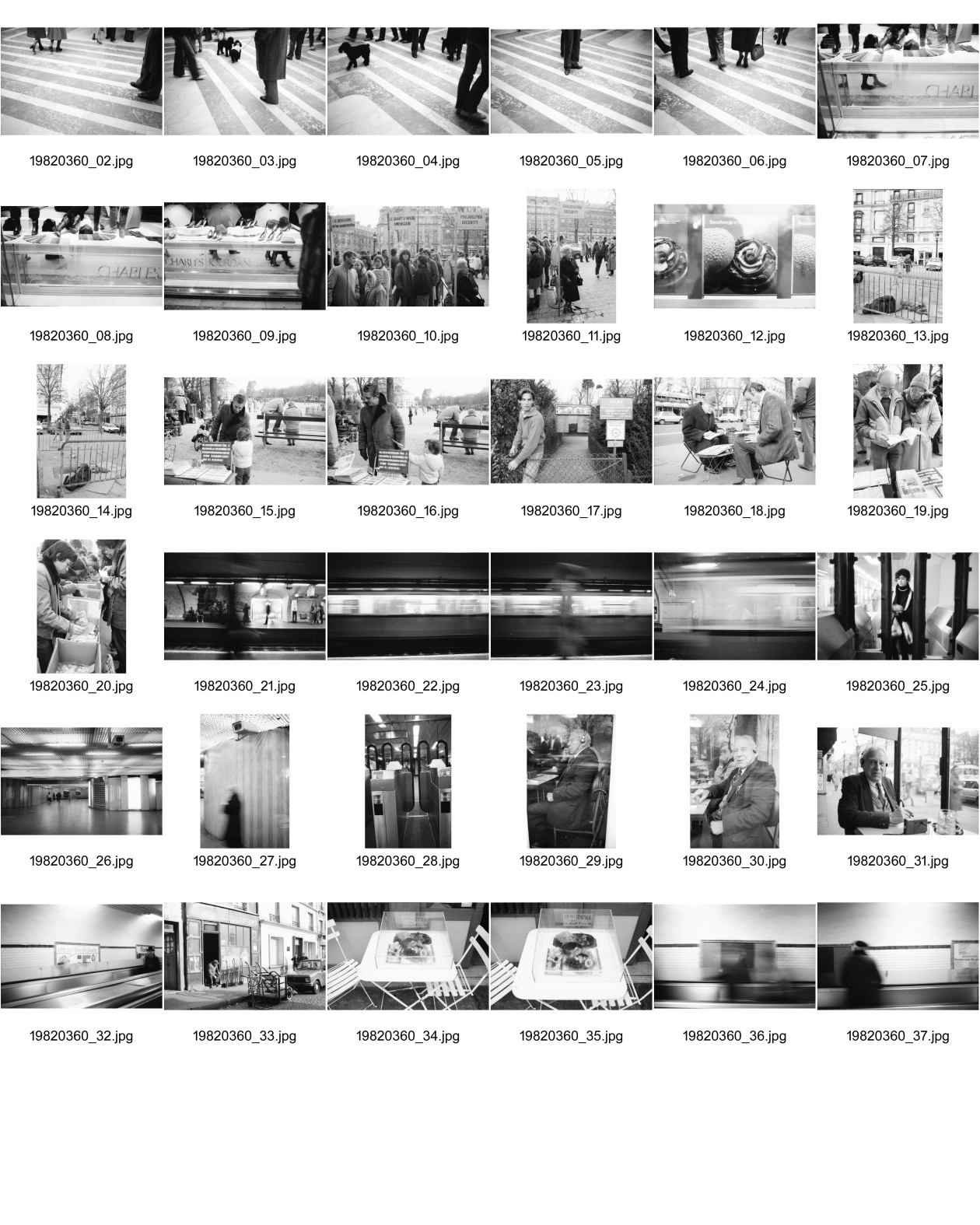 Image of sheet 19820360: Zwei Pudel treffen sich inmitten einer bevölkerten Fussgängerpassage in Paris. Charles Jourdan Mode Laden. Schuhe Schaufenster. Chatelet Video überwachung. Kind mit Pistole Briefmarkensammler und verkäufer. Kino anstehen. Metro. Station. Obdachloser liegt auf Karton. Menu wird angepriesen. Alter Mann mit Walkman Kopfhörer in Bistro. Paris France Frankreich 1982