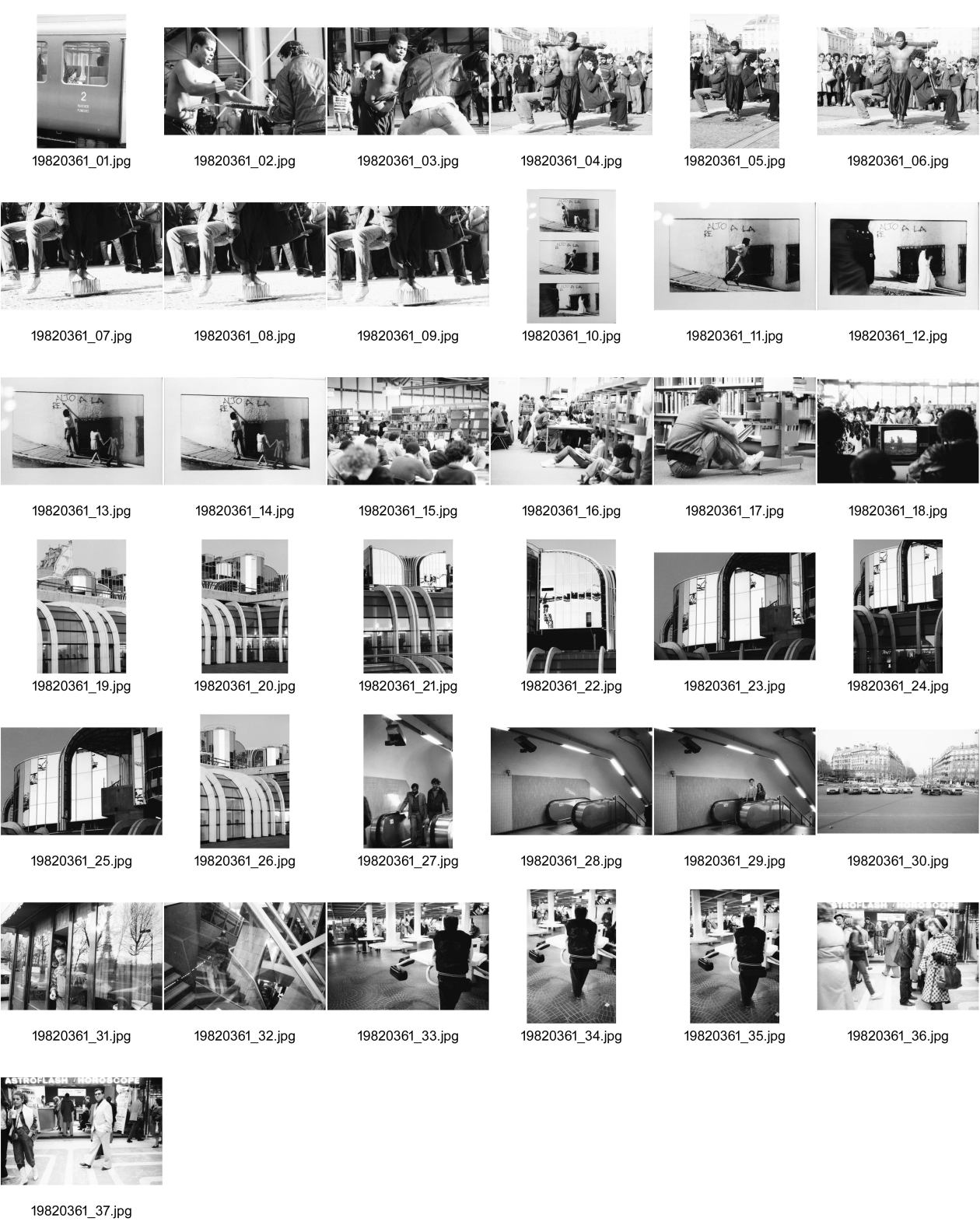 Image of sheet 19820361: SBB Gast. CFF Schwarzer Show Künstler vor dem Centre Pompidou. Beaubourg. trägt Zwei  Menschen auf Schaukeln über seinen Schultern Show und steht auf Nagelbrett. 3 Photographien : Alto al la Represion  Sprayer. Bibliotheke Beaubourg. Videotheke. Les Halles. Zentrum Mit Kran. Metro. Mann in Bistro und Eiffelturm im Fenster spiegelnd. Fast Food laden. Paris France 1982 Graffiti