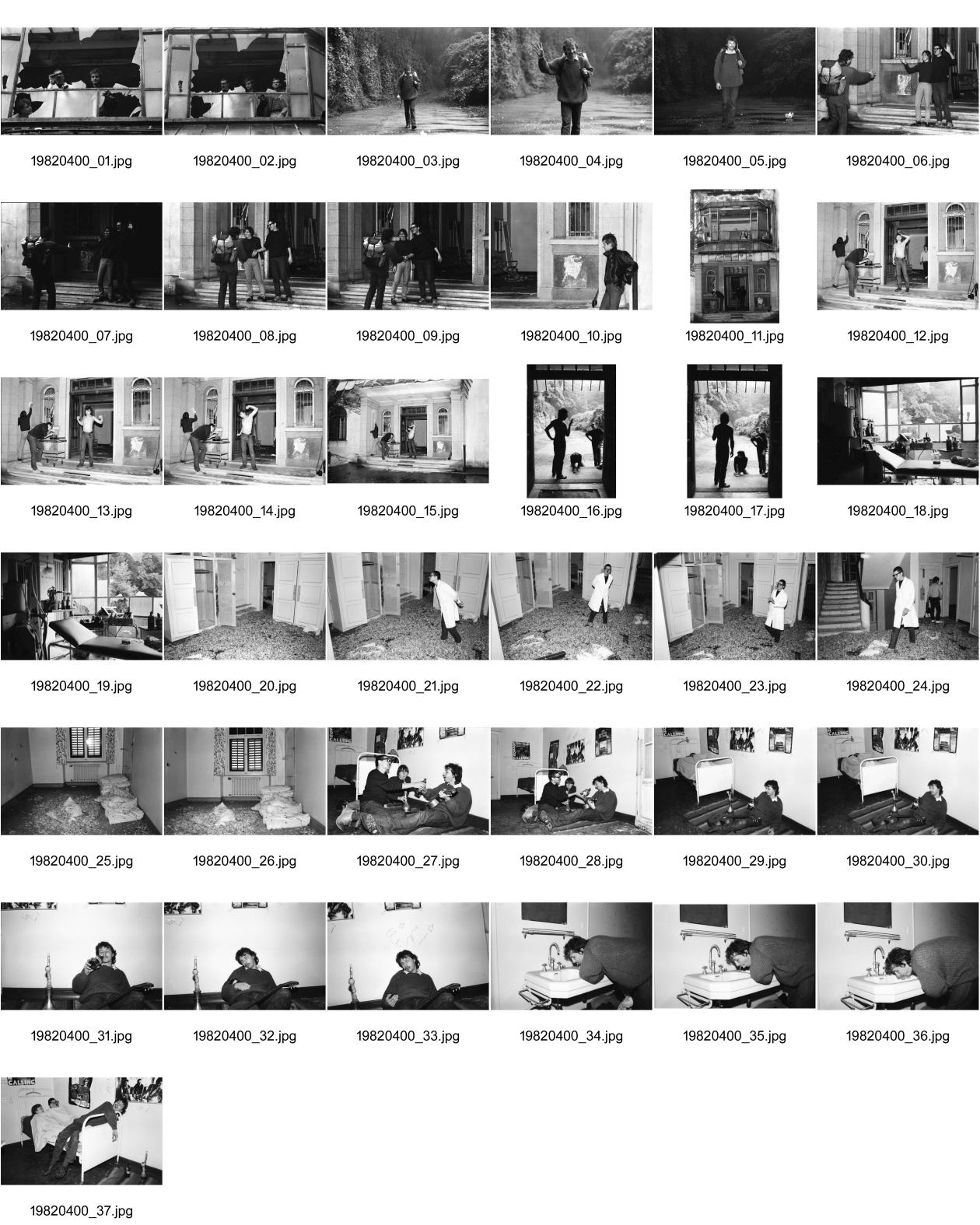 Image of sheet 19820400: Geschichte für Stilett Fotovorlage für Comic von Joe Zimmermann.
In einer frueheren Klini in Agra bei Lugano im Tessin,  spielt die Geschichte. Alex Stierli kommt. Der Arzt (Christoph Schuler) und die Krankenschwester (Cathy O'Hare) warten am Eingang. Der Operationssaal ist noch fast vollständig. Die Fenster sind schon lange kaputt. Im Gang liegen die Federn der Betten am Boden. Alex ist krank. etc. Tessin Lugano 1982