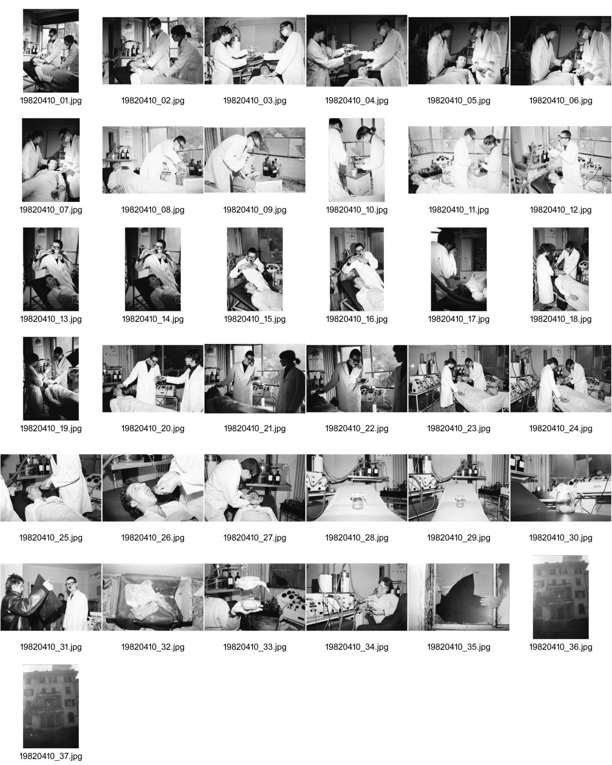 Image of sheet 19820410: Im Operationssaal der stillgelegten Klinik in Agra bei Lugano Tessin, 1982.
Comic für Stillet Alex Stierli, Christoph Schuler und Cathy Photographien für Comic Stilett. Im OP Saal. Alex Stierli liegt auf dem Schragen. Operationsbett und wird am Hirn operiert. ! Ravioli fällt ins Hirn und der Patient träumt danach wirre Geschichten, Urs Bühler. Christoph Schuler ist Arzt. Pierre Thomé und Cathy O' Hare. Urs Bühler. Lugano 1982