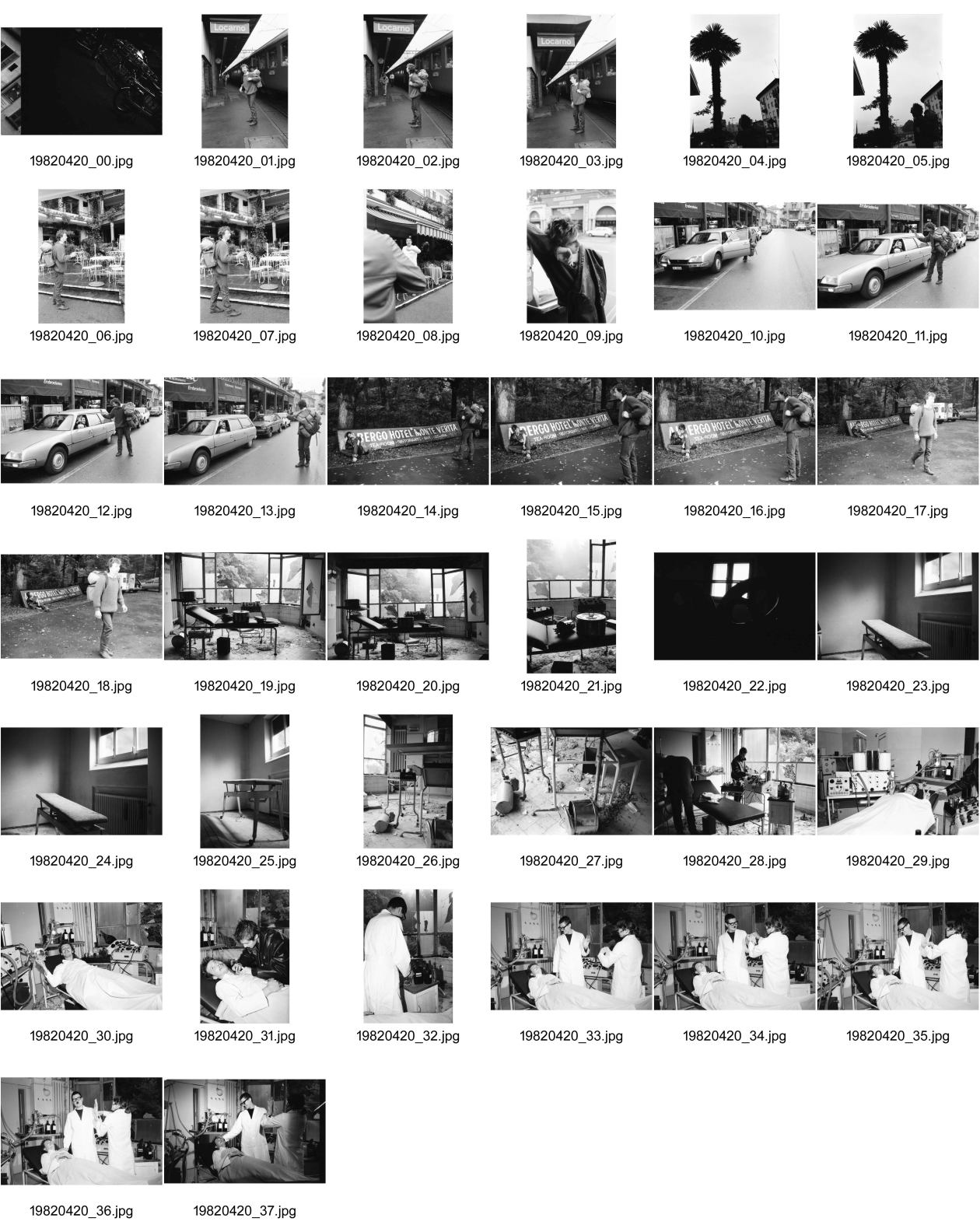 Image of sheet 19820420: Im Operationssaal der stillgelegten Klinik in Agra bei Lugano Tessin, 1982.
Comic für Stillet Alex Stierli, Christoph Schuler und Cathy o Hare
frtsg. 820410 Comic für Stillet Alex kommt an. als Autostopper. Schragen für Tote. Operationsbett Nr. 9 Pierre Thomé Kaputtes Fenster im OP Saal. Lugano Tessin Ticino 1982