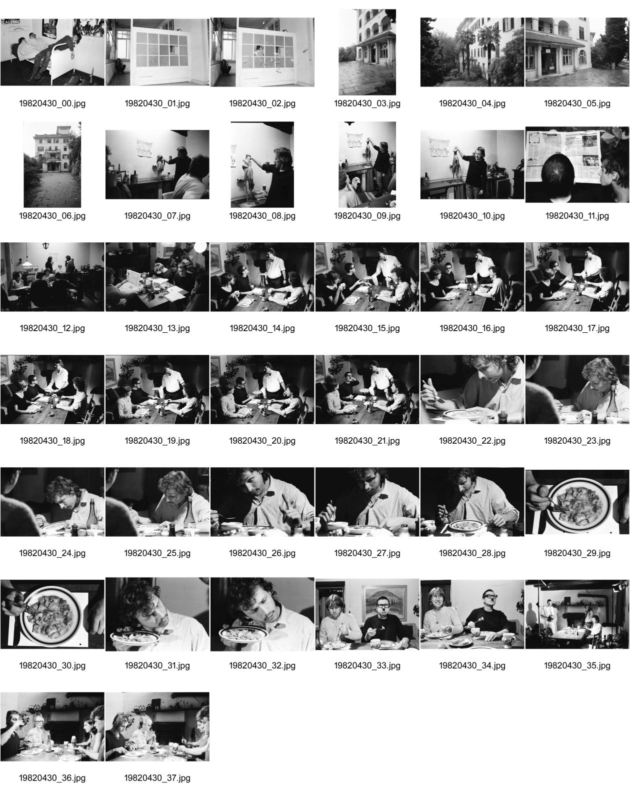 Image of sheet 19820430: frtsg. 820420 Comic für Stillett. Ende Klinik. Aussenaufnahme. In Gordevio Nachtessen. Pulpe. Zeitungslesen. Alex Stierli hört Ravioli. Cathy O'Hare und Christoph Schuler und Olivia und Pierre Thomé und Joe Zimmermann. Ravioli. Tessin Lugano Wibi Ausflug Tessin