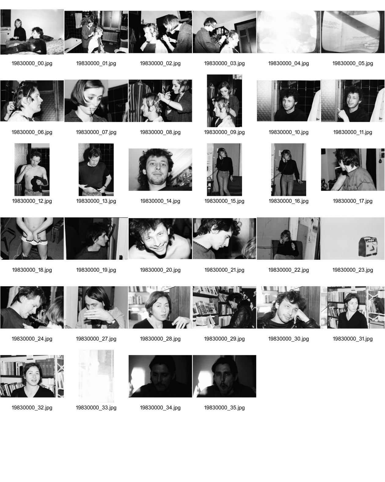 Image of sheet 19830000: Komune Wohngemeinschaft Weinbergstrasse 84. Lydia Bischofberger Alex Stierli. Diane beim Haare schneiden. Christian Egger ehemals Wirt von der Räuberhöhle, Tessinerkeller (abgebrochen 2011) und Café Boy. Graffitti. Registrierkasse. Penis Glied. Gudrun Paranoia City Buchladen. Zürich