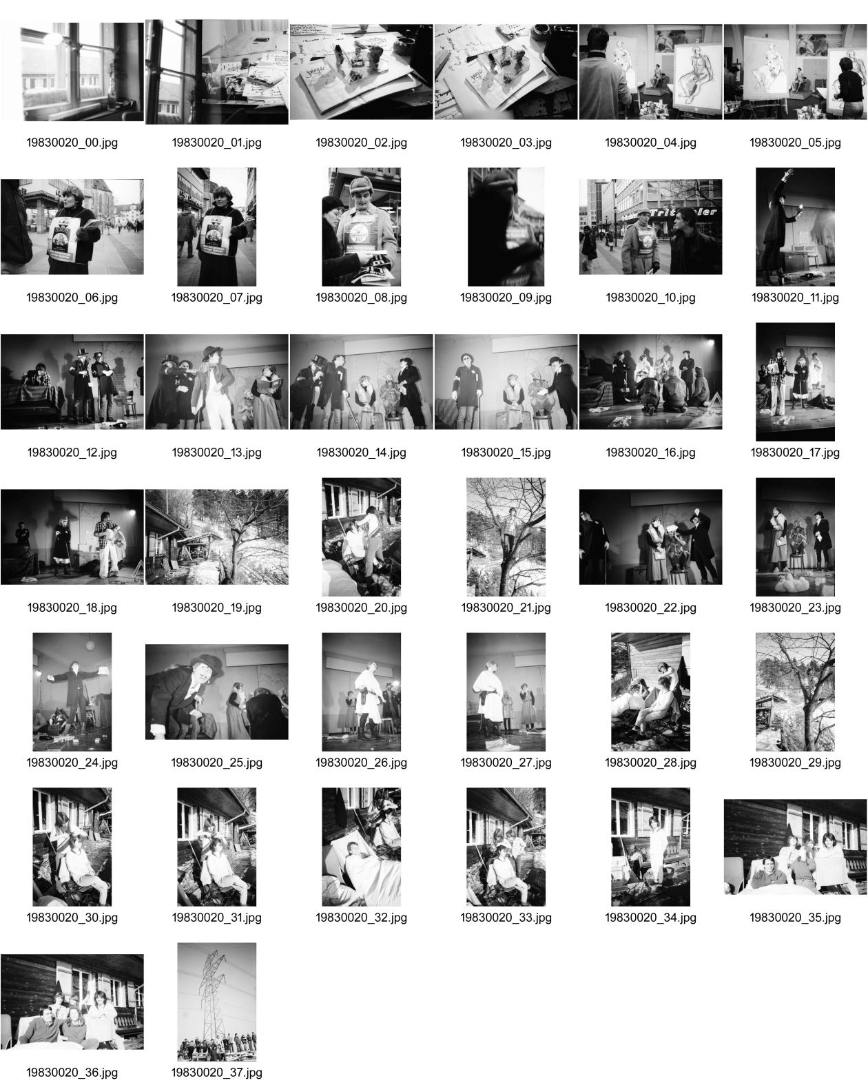Image of sheet 19830020: In der Kunsthochschule Pierre's in Stuttgart sitzt ein Modell. Kleine Objekte von Pierre Thomé. Für Kernfusion Ja zur Kernkraft! Zwei Unterschriftensammler in Stuttgart. Deutschland 
Theater in Zürich mit Cathy O'Hare u.v.a. Aussersihler Casino. Peter Angst und Livia Risch und Cathy Olivia Heussler und Zwitschy. Volk und Elektrizität Masten. Zürioberland. Zürcher Oberland Zürich