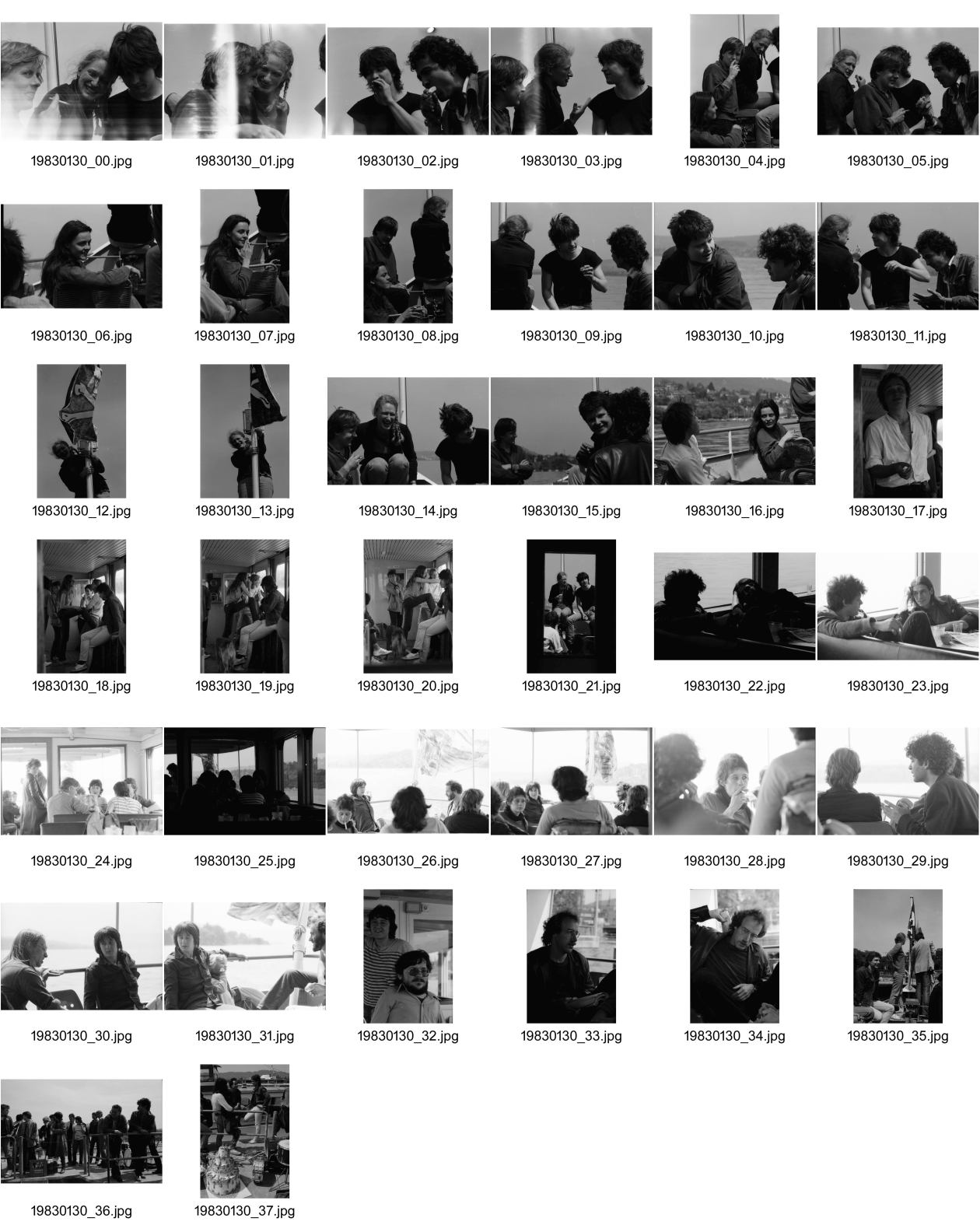 Image of sheet 19830130: Ausflug auf Etzel Dampfschiff im Zürichsee nach Rapperswil um Jürg heute Stella Brunner abzuholen sie wird aus Strafanstalt entlassen. Steff Fischer Miklos Gimes, Barbara Turnherr, Edith, Claudia Barbara Brüllmann (3.5.1955 - 29.11.2020) Christian Egger, Tiberio Cardu Andy Stauffacher Beni Rambert, Urs Morf, Thomas Ricklin, De Boni, Zimmermann etc.
