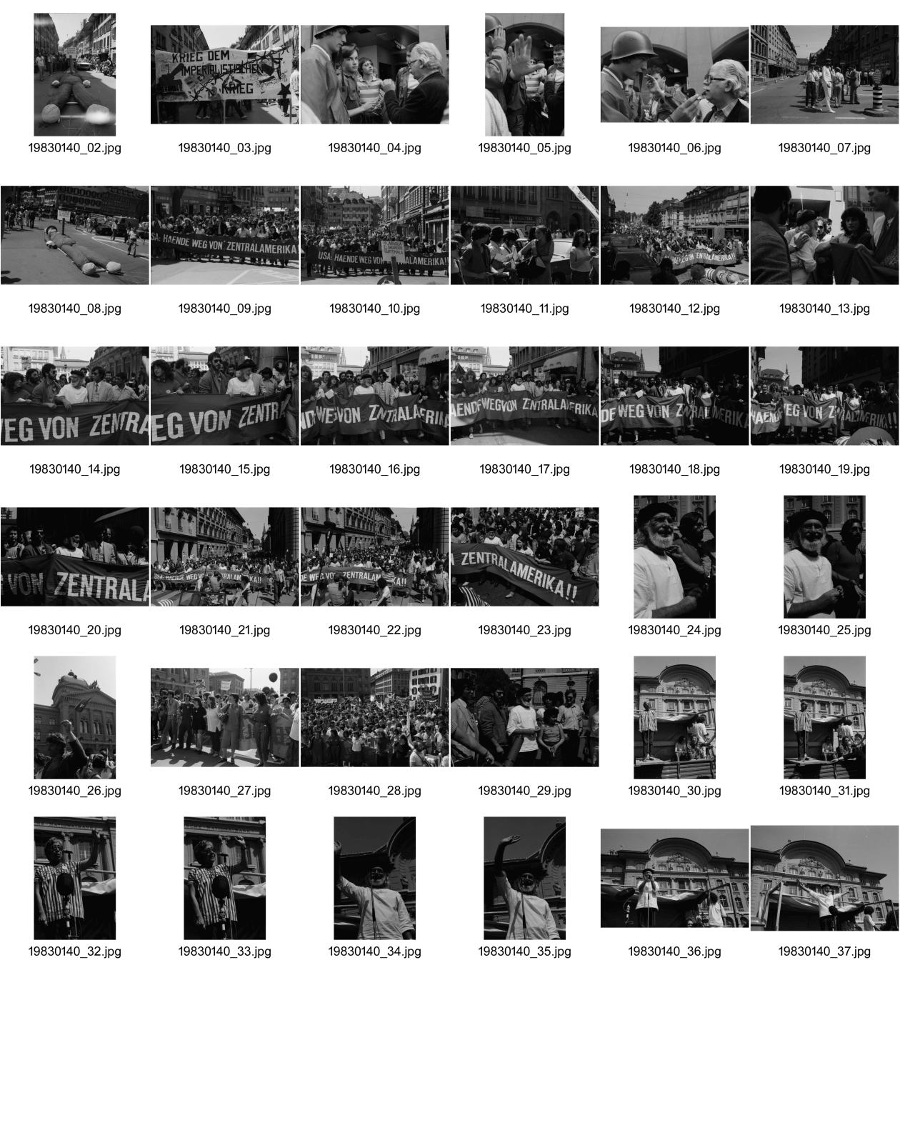 Image of sheet 19830140: In Bern fotografiere ich am Rande einer Demo junge Neofaschisten Neonazis Faschisten. Sie verdecken sich die Gesichter. Einer trägt einen Militärhelm. Zentralamerikanische Soli Demo. USA Hände weg von Zentralamerika. Ernesto Cardenal (der damalige Kulturminister der Sandinisten in Nicaragua) läuft vorne mit. Rede vor Nationalbank auf dem Bundesplatz, mit Ernesto Cardenal und frau Esquivel aus Guatemala. Bern 1983