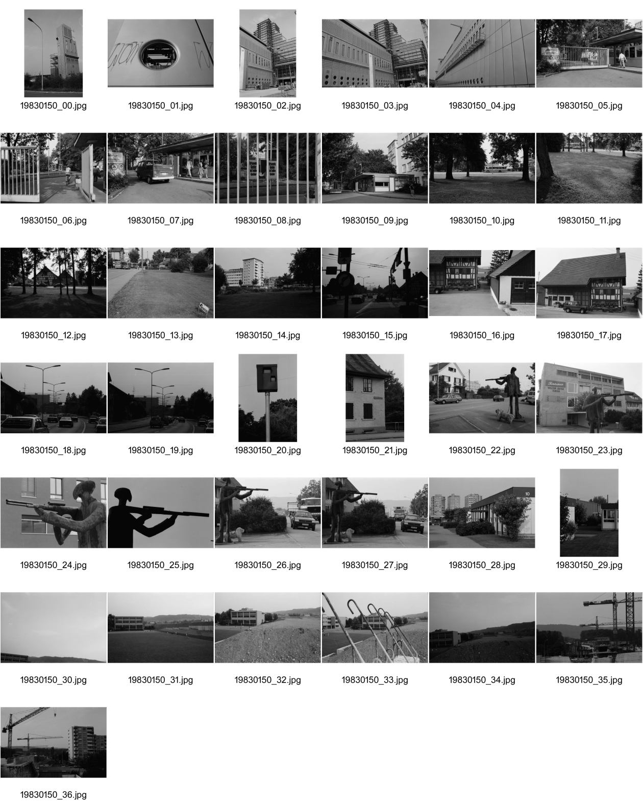 Image of sheet 19830150: WOZ Schlieren und Kantonsschule Urdorf. Postgebäude Mülligen. Wagi Schlieren. Dorfplatz. Riegelhaus in Schlieren. Auto und Verkehr Strasse. Mann mit Gewehr und Hund vom Schweizer Künstler und Bildhauer Kurt Lorenz Metzler wirbt für die Waffenfabrik Fortschritt Zürich 1983  Autobahn in Bau an  Schulhaus vorbei. Lastkran Kran Kranen und Siedlungen.