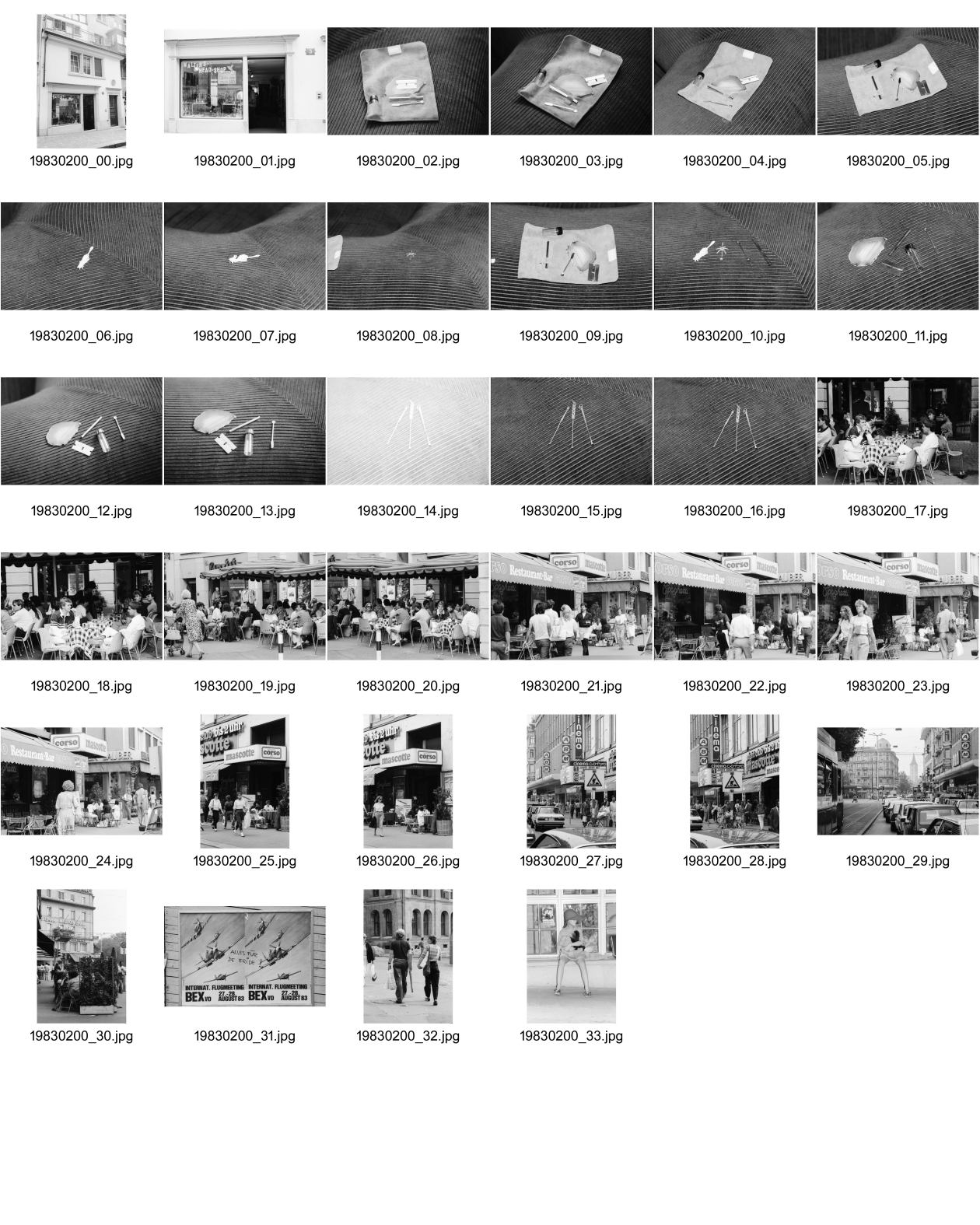 Image of sheet 19830200: Walter's Head Shop. Utensilien Kokain. Löffel. Strassenszenen Leute sitzen im Café. Bellevue Night Club Mascotte. ABM Cinema corso. Goethestrasse Göthestrasse Mädchen sitzt am Fenster Lunch-checks
Plakat für den Frieden gegen Flugmeeting. Kind Mann trägt eingepacktes Sturmgewehr. Waffe Gewehr Zürich 1983