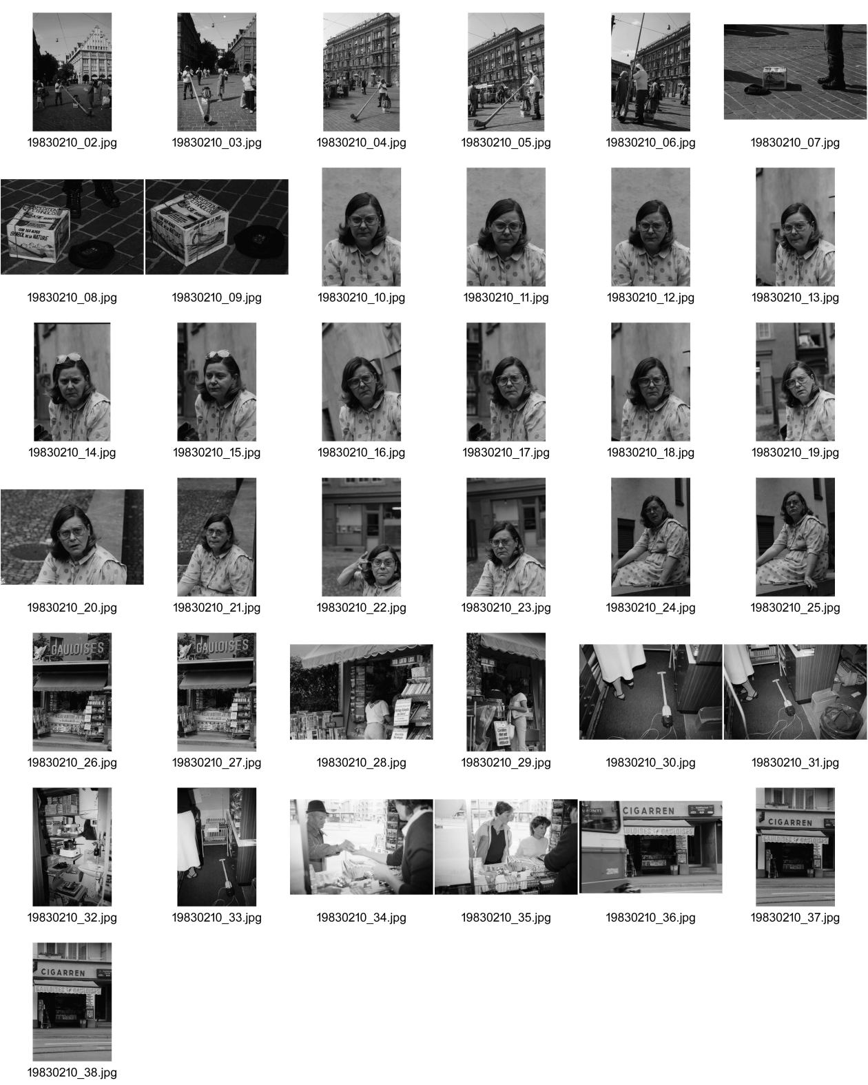 Image of sheet 19830210: Reportage während Praktikum bei Blick. Kiosk Arbeitsraum Innen. Goldbrunnenplatz Gauloises Reklame Portrait Dora Koster in der Altstadt. Paradeplatz für Alphorn bläser. Alphorn Zürich 1983 sound concert music Downtown Schweiz Switzerland swiss Europe typical cigars publicity werbung stage