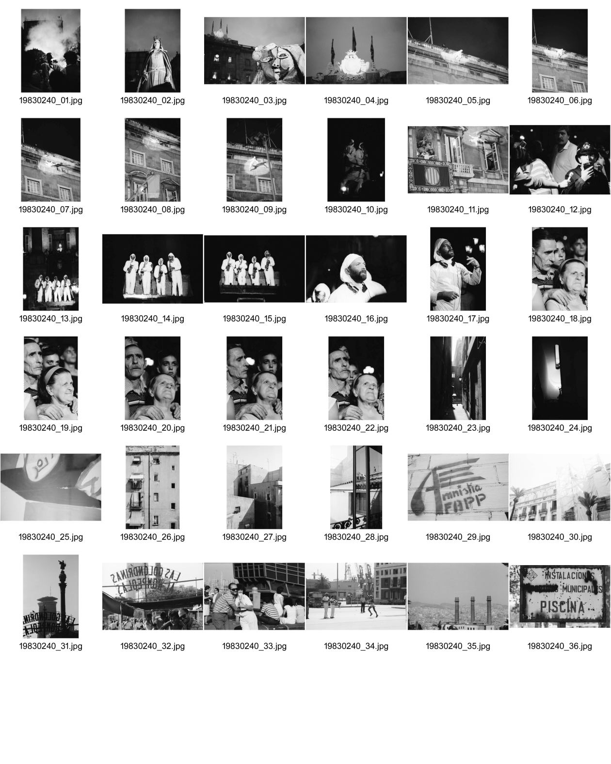 Image of sheet 19830240: frtsg. 830230 Fiesta de la Merced. Picasso Kopf aus Karton wird durch die Menge getragen. An der beleuchteten hausfassade klettern Blas Musiker aus Frankreich Urban Sax spielend herunter in die Menge. Sie treffen sich auf der Bühne. Catalanische Flagge. Rot Orange Streifen. Zuschauer Innen Altes Paar. Strassenszenen. Amnistia FAPP. Häuser etc. Columbus Monument
Plaça del Portal de la Pau, 08039 Barcelona, Spanien 1983